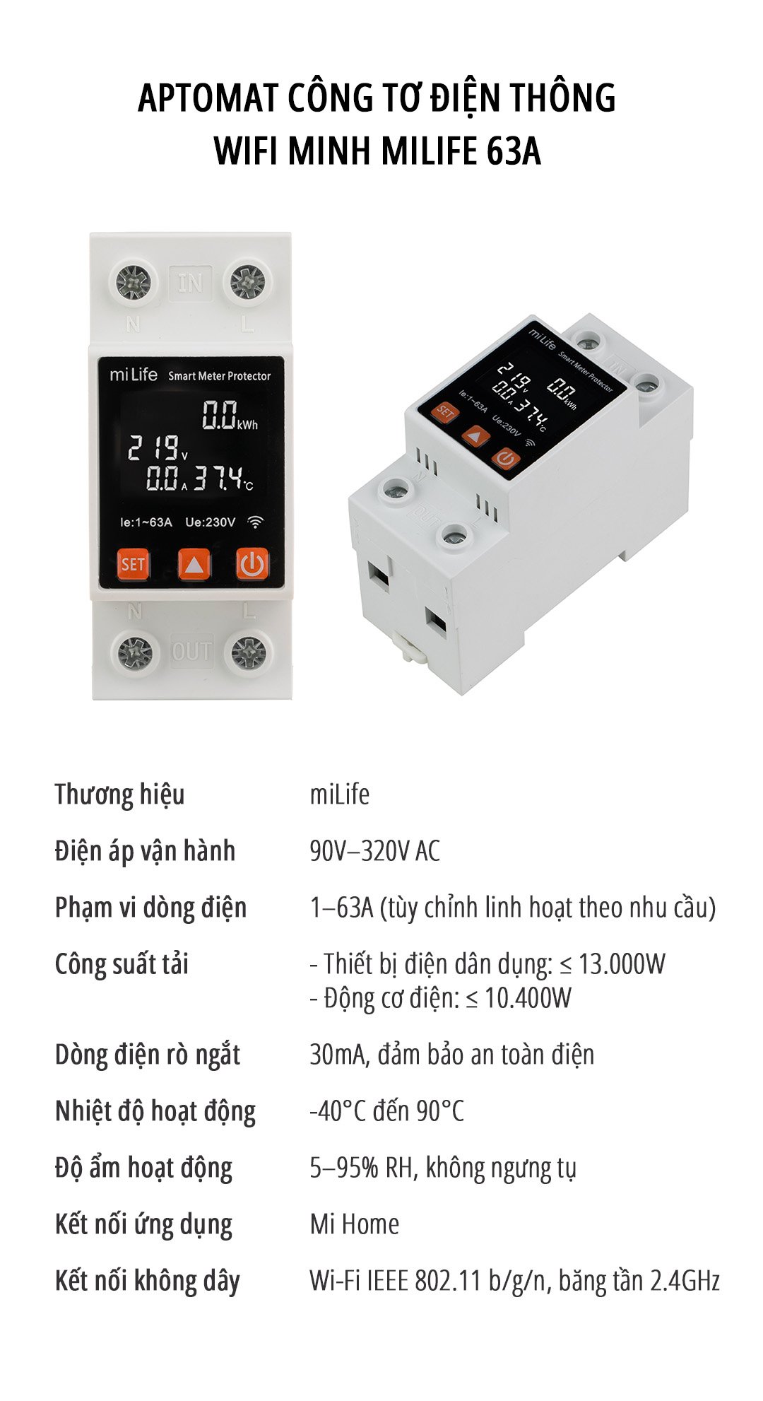 Công tơ điện thông minh wifi miLife 63A thông số kỹ thuật