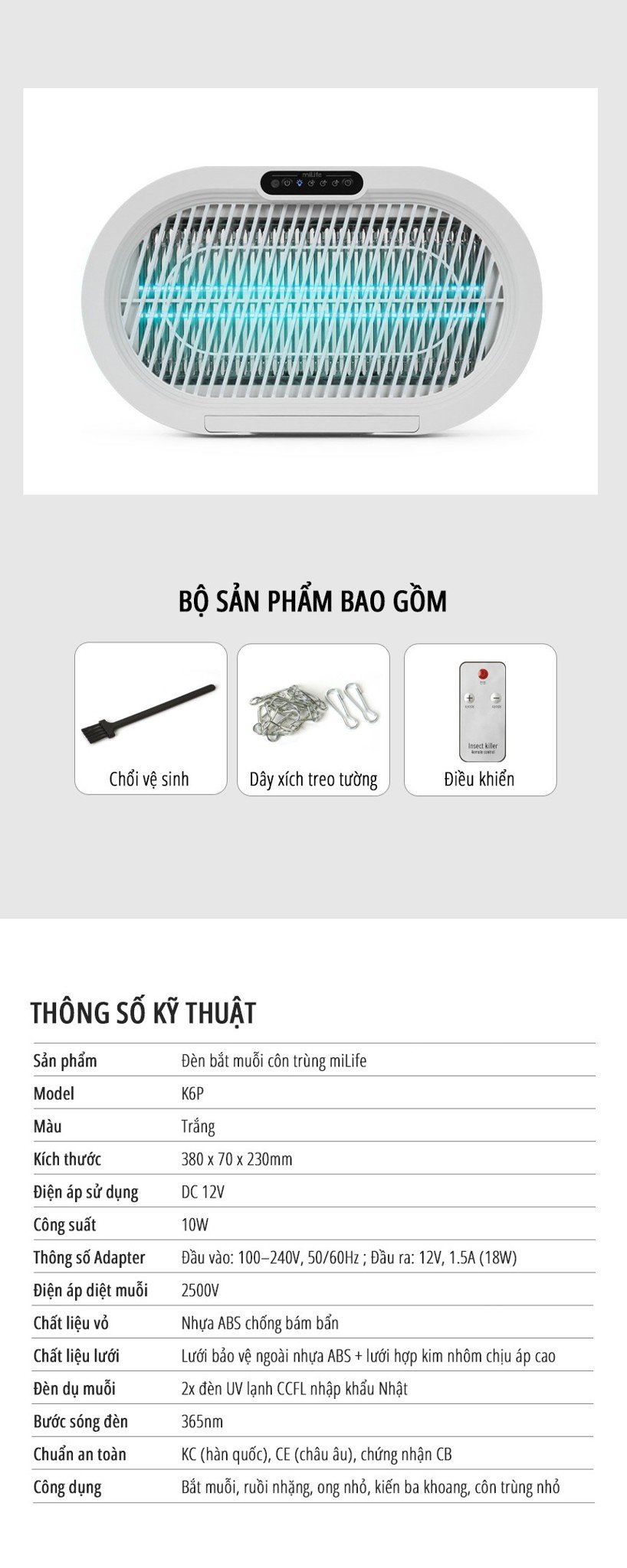 Đèn bắt muỗi côn trùng miLife K6P thông số kỹ thuật