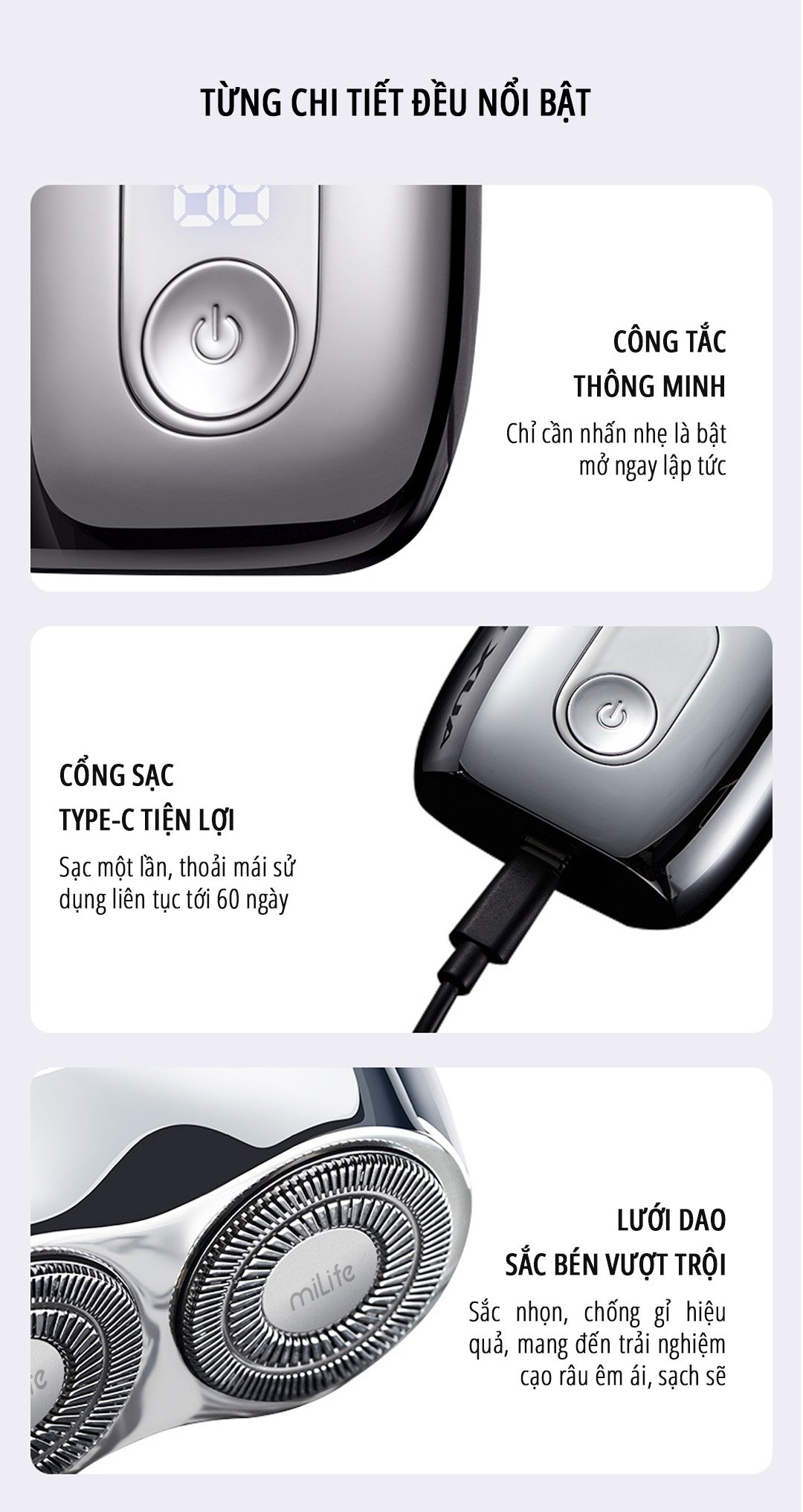 Máy cạo râu mini miLife S60P từng chi tiết nổi bật