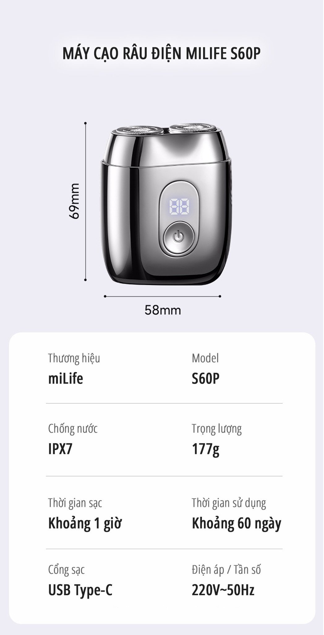 Máy cạo râu mini miLife S60P thông số kỹ thuật