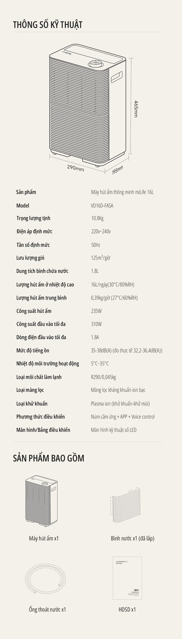 Máy hút ẩm Xiaomi miLife 16L thông số kỹ thuật