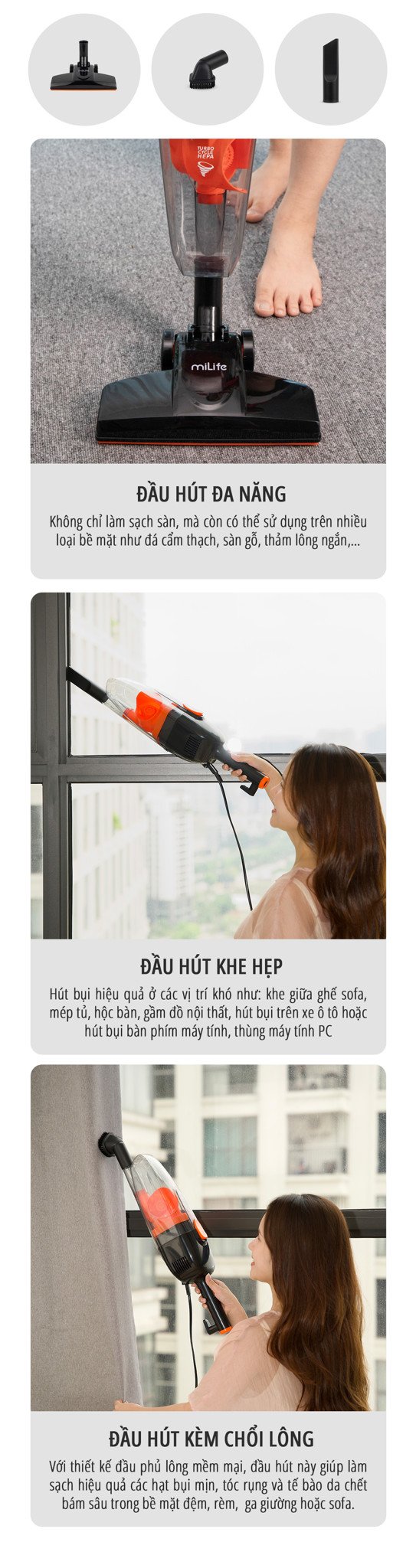 Máy hút bụi cầm tay miLife DX18 các loại đầu hút