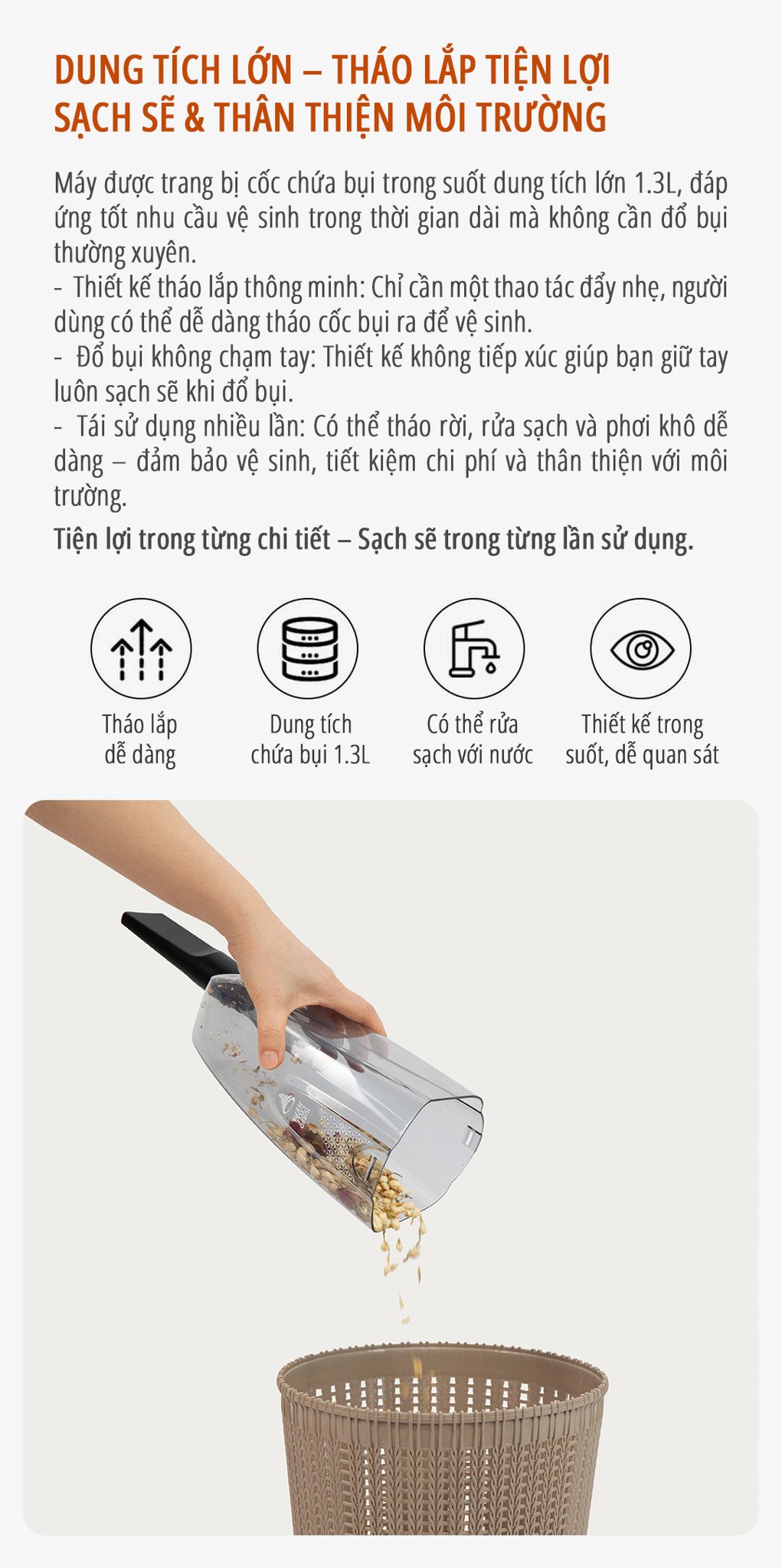 Máy hút bụi cầm tay miLife DX18 hộc chứa bụi lớn