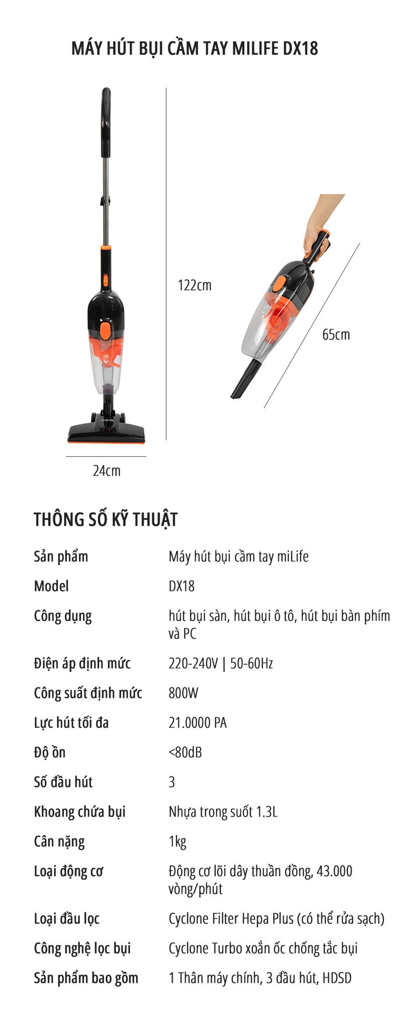 Máy hút bụi cầm tay miLife DX18 thông số kỹ thuật