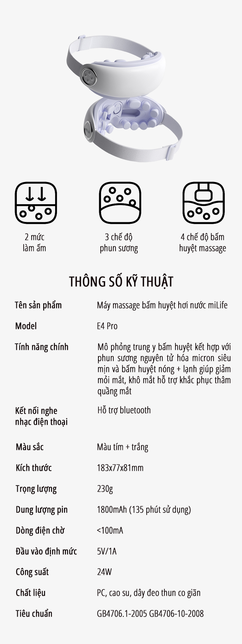 Máy massage mắt bấm huyệt miLife E4 Pro thông số kỹ thuật
