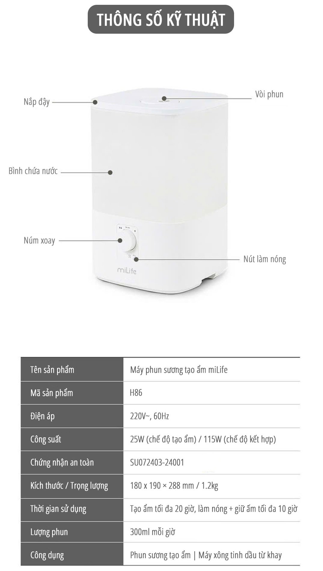 Máy phun sương tạo ẩm miLife H86 thông số kỹ thuật