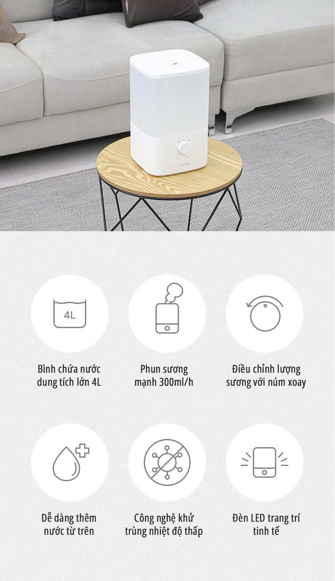 Máy phun sương tạo ẩm miLife H86 ưu điểm nổi bật