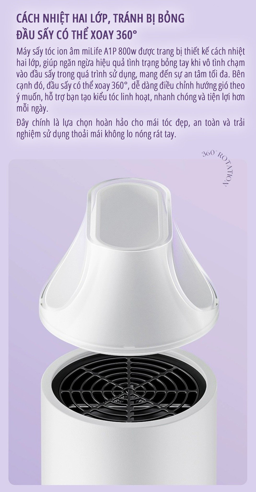 Máy sấy tóc ion âm miLife A1P cách nhiệt hai lớp