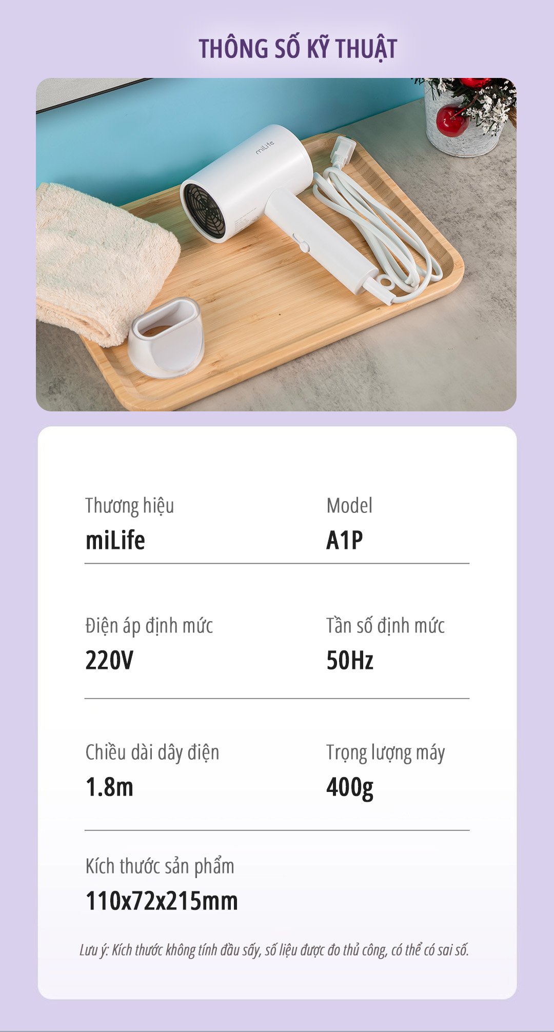 Máy sấy tóc ion âm miLife A1P thông số kỹ thuật