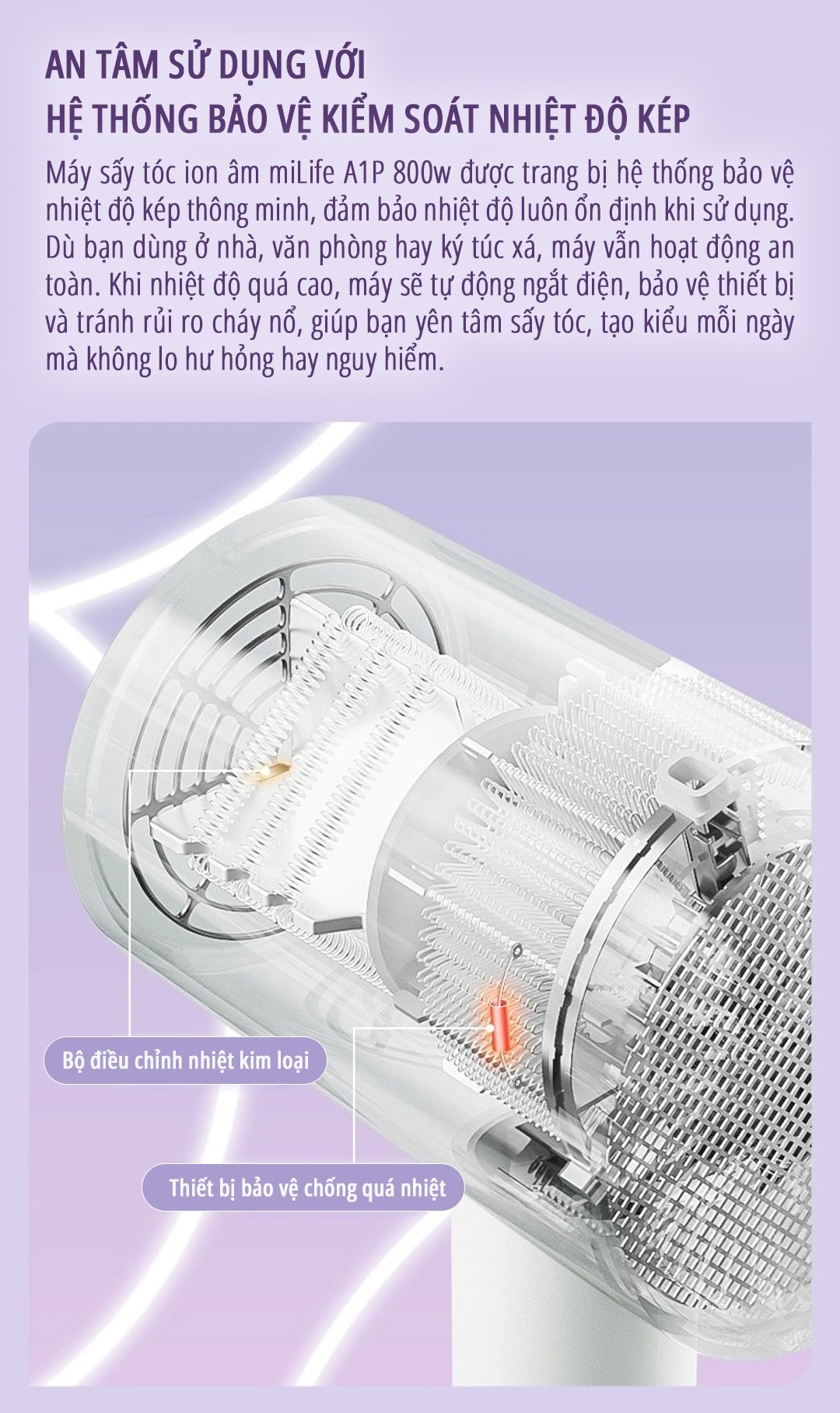 Máy sấy tóc ion âm miLife A1P hệ thống an toàn