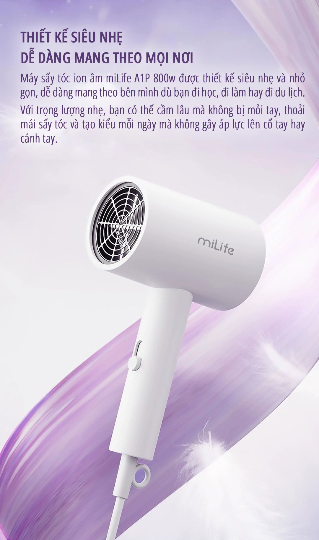Máy sấy tóc ion âm miLife A1P thiết kế siêu nhẹ