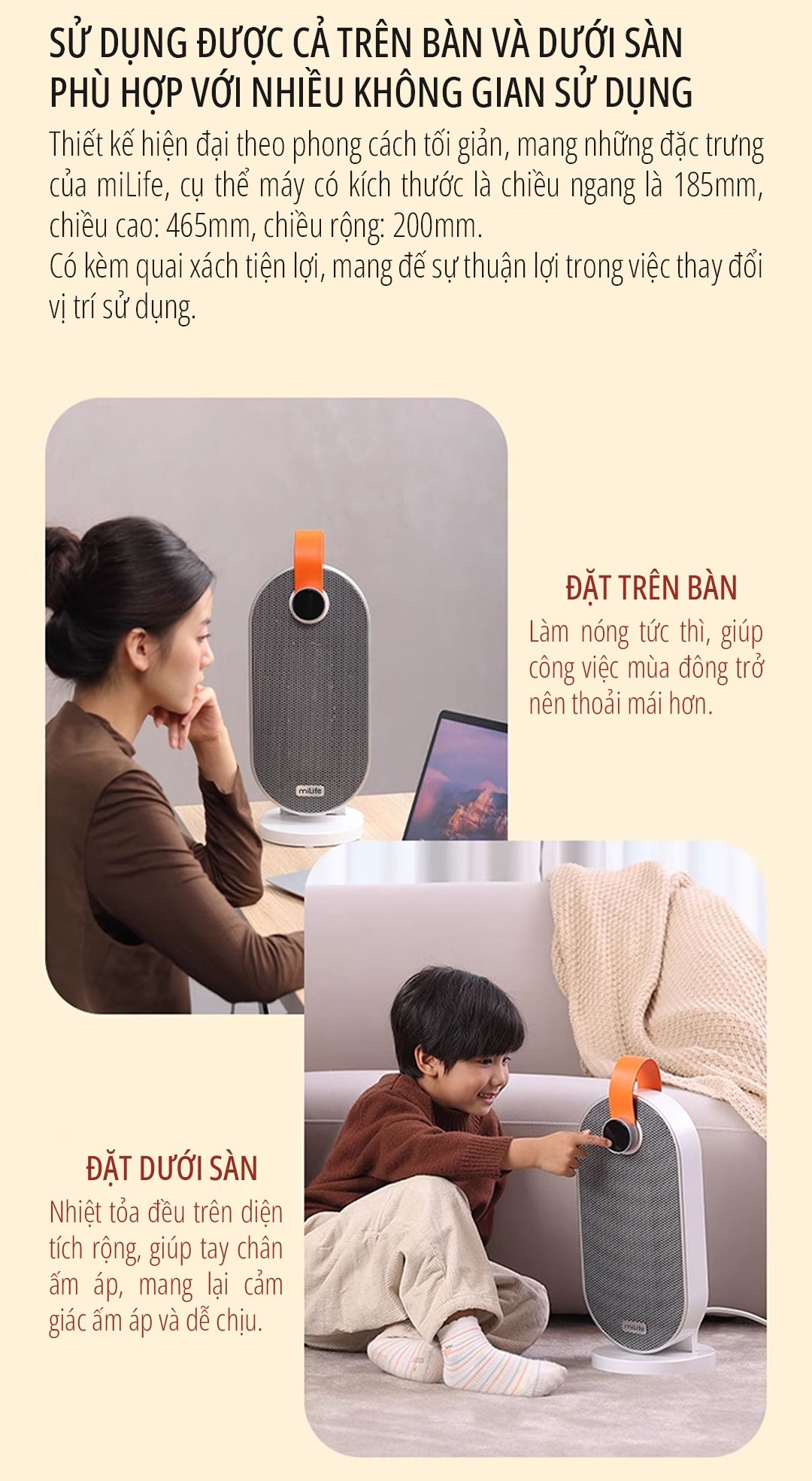 Máy sưởi gốm ceramic miLife đặt được cả trên bàn và dưới sàn