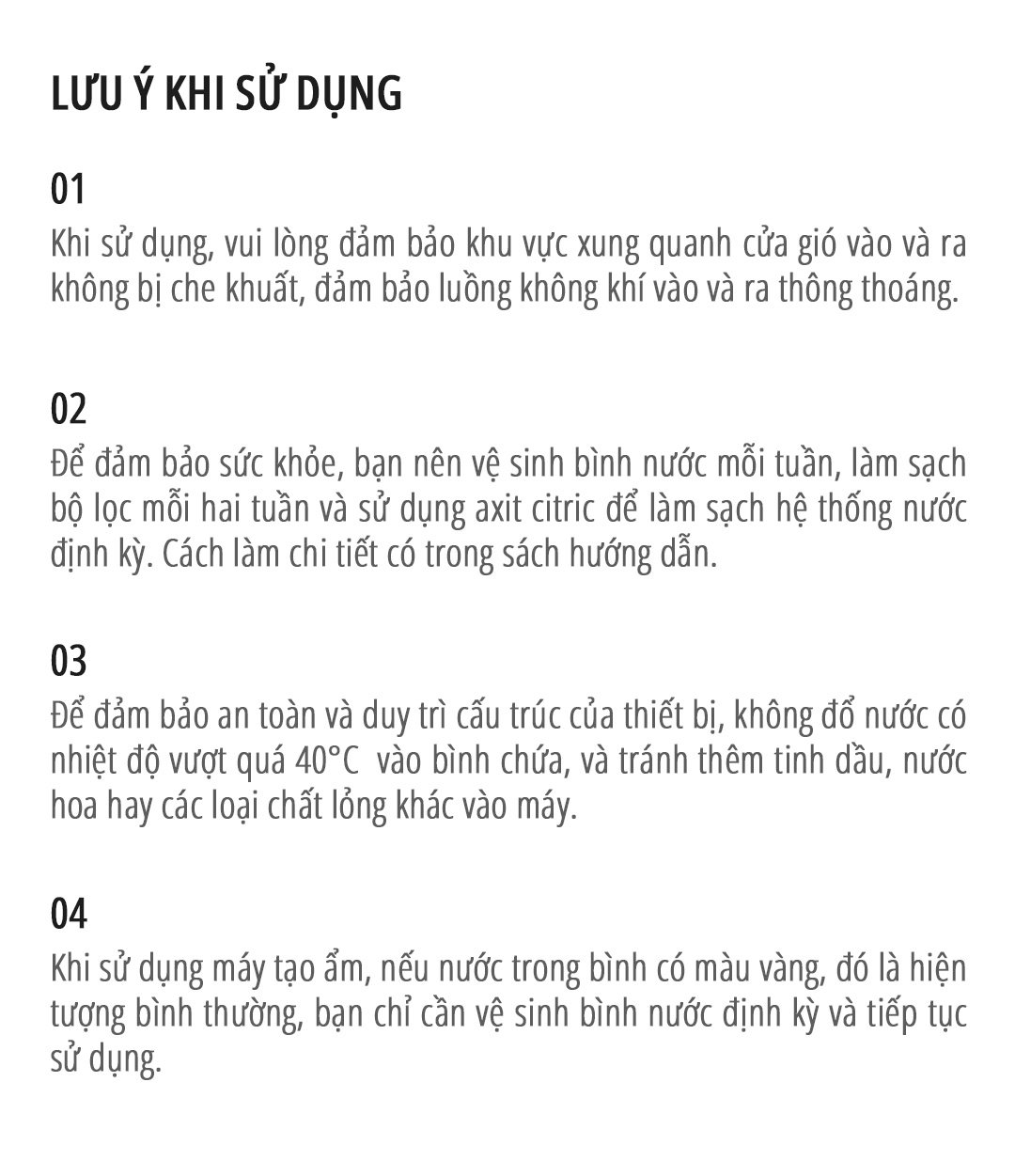 Máy tạo độ ẩm không sương miLife H5P lưu ý khi sử dụng