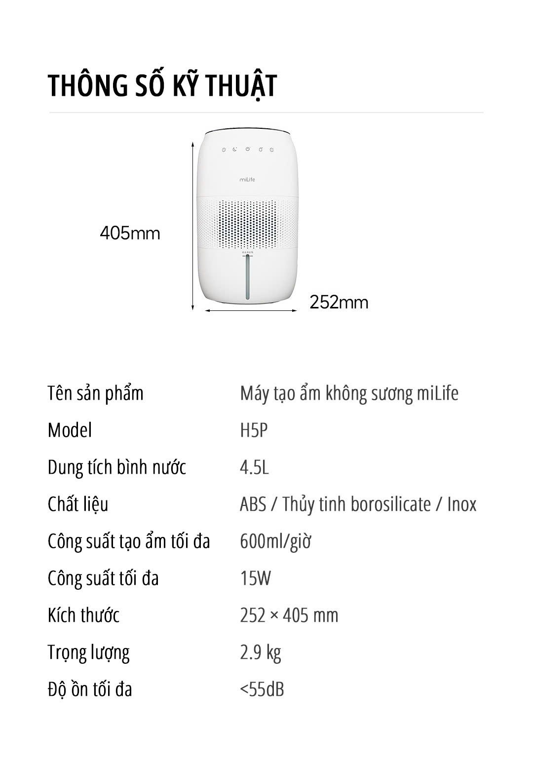 Máy tạo độ ẩm không sương miLife H5P thông số kỹ thuật