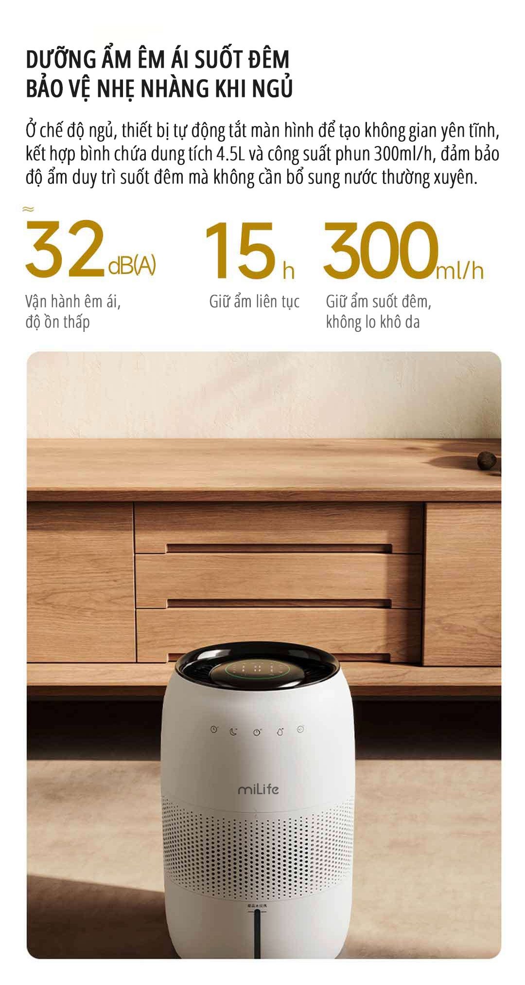 Máy tạo độ ẩm không sương miLife H5P vận hành êm ái