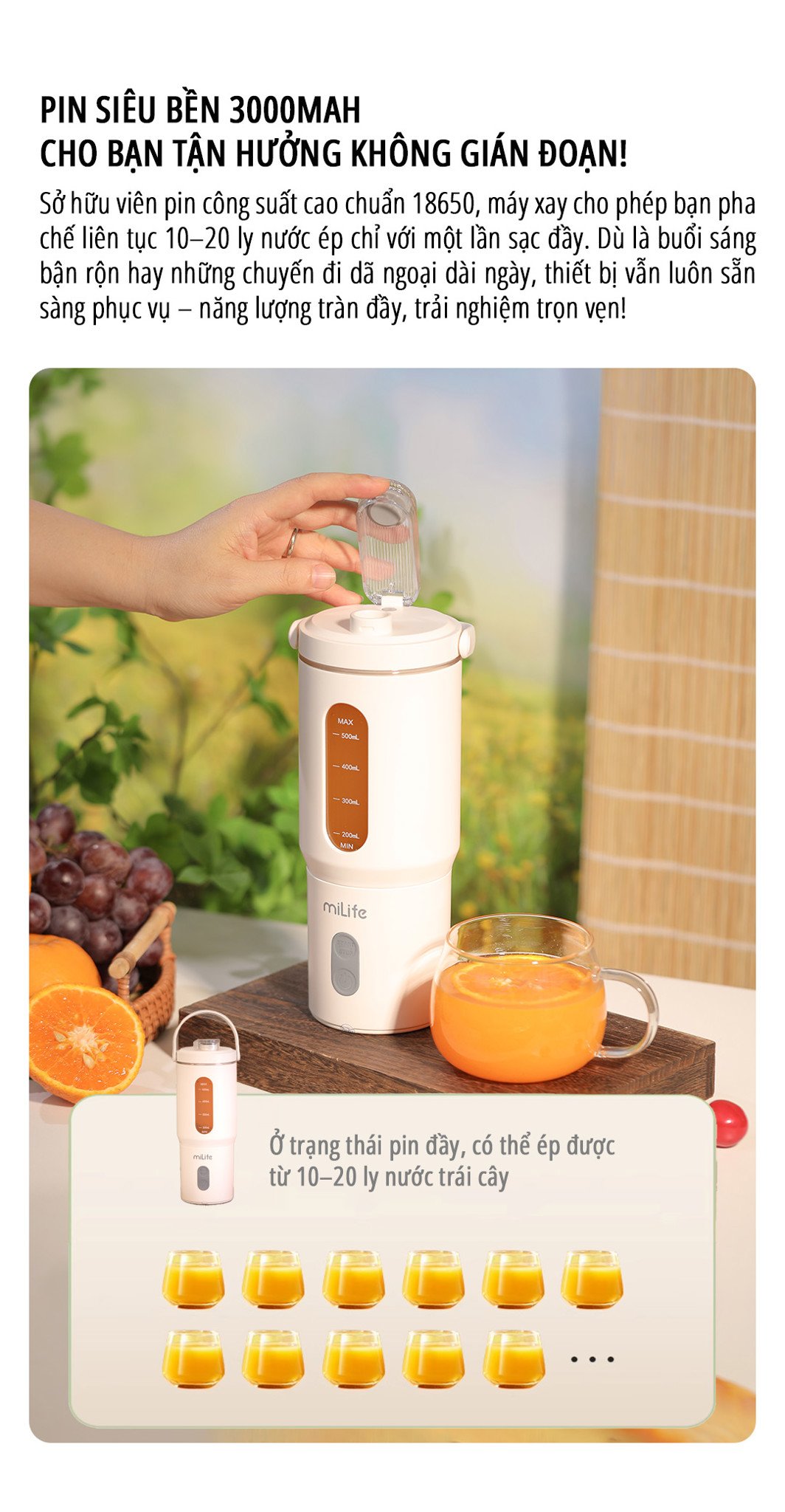 Máy xay sinh tố cầm tay miLife 600mL pin bền bỉ