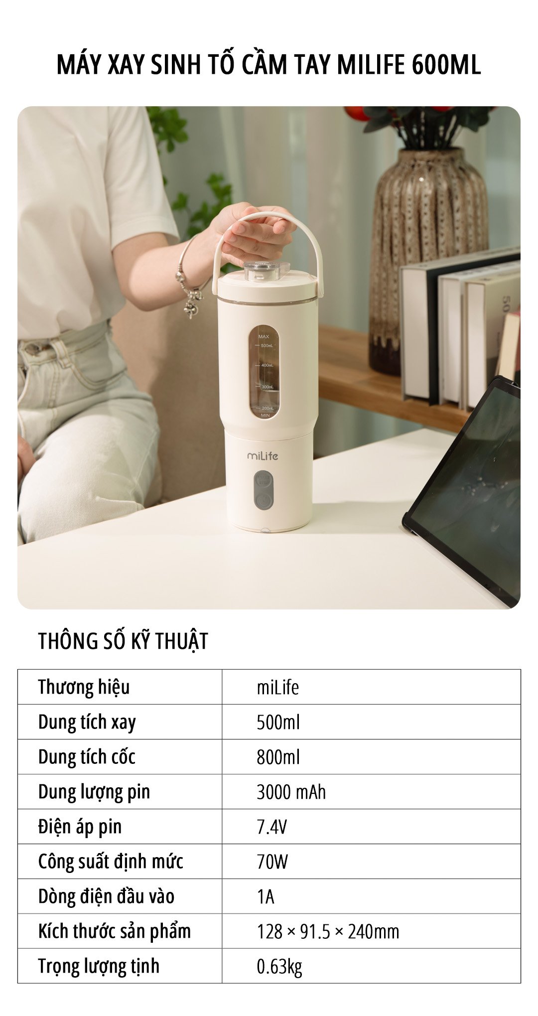 Máy xay sinh tố cầm tay miLife 600mL thông số kỹ thuật