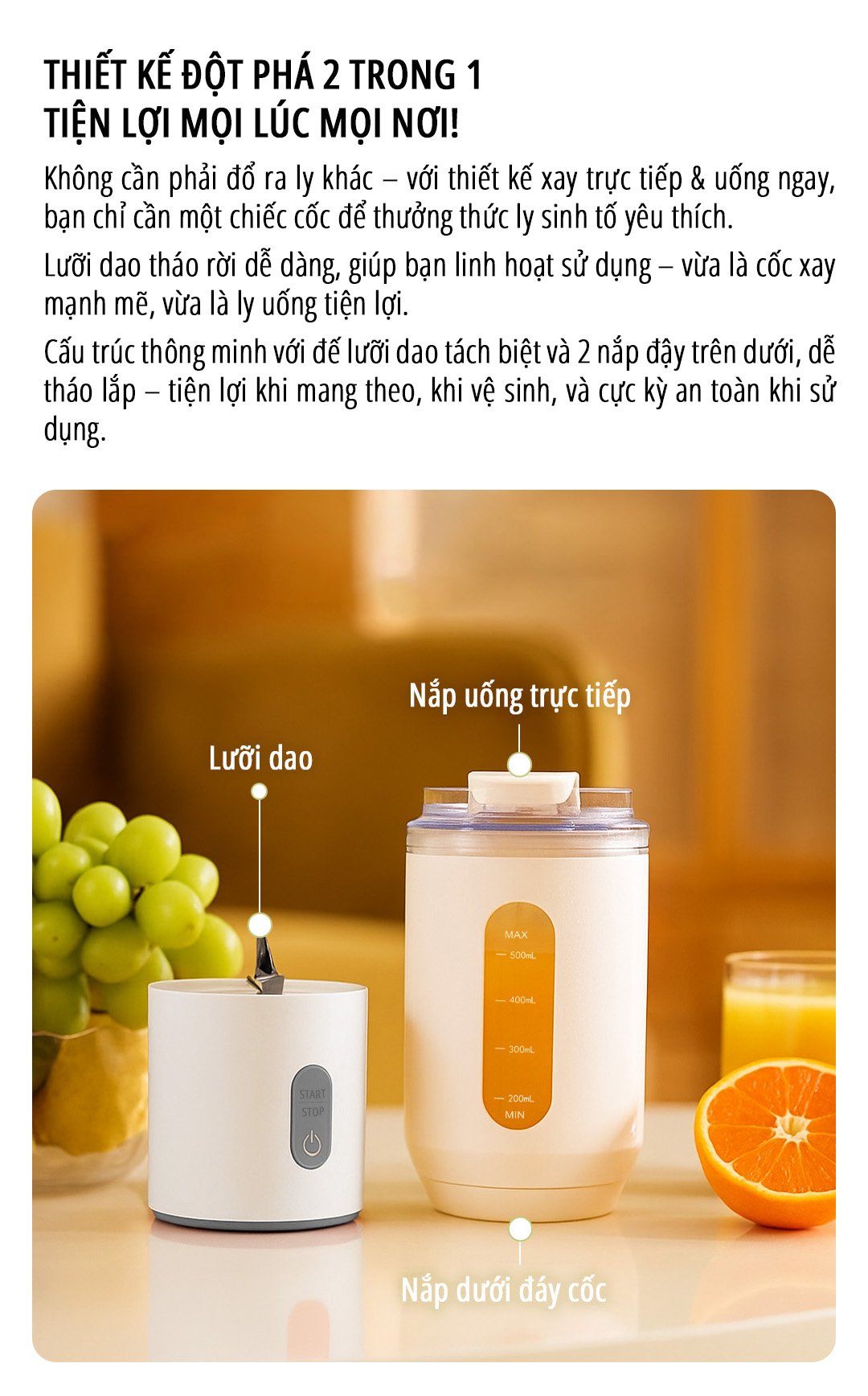 Máy xay sinh tố cầm tay miLife 600mL thiết kế 2 trong 1