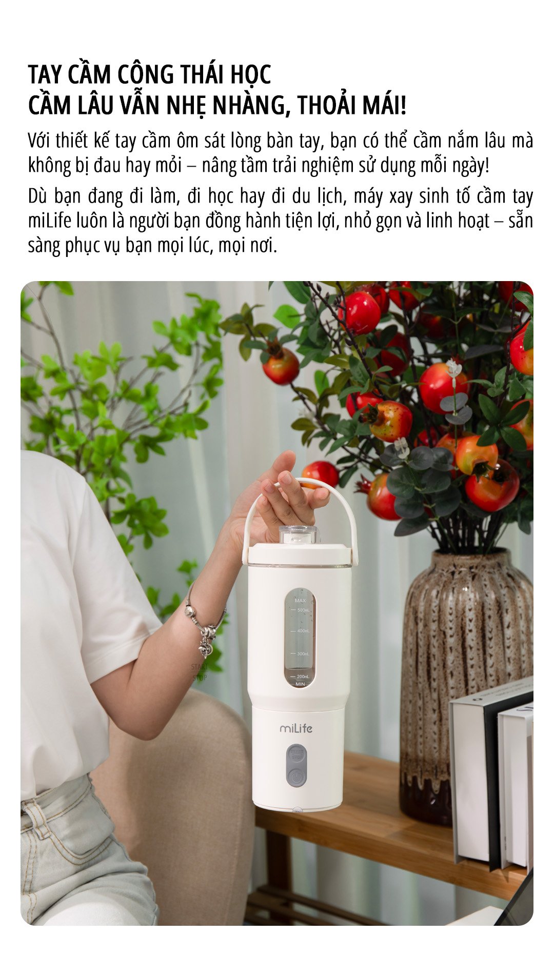 Máy xay sinh tố cầm tay miLife 600mL tay cầm công thái học