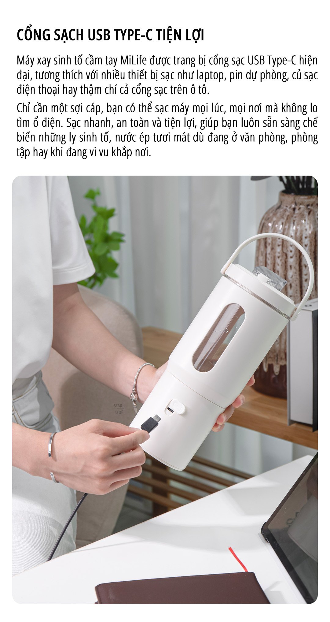 Máy xay sinh tố cầm tay miLife 600mL sạc type-c