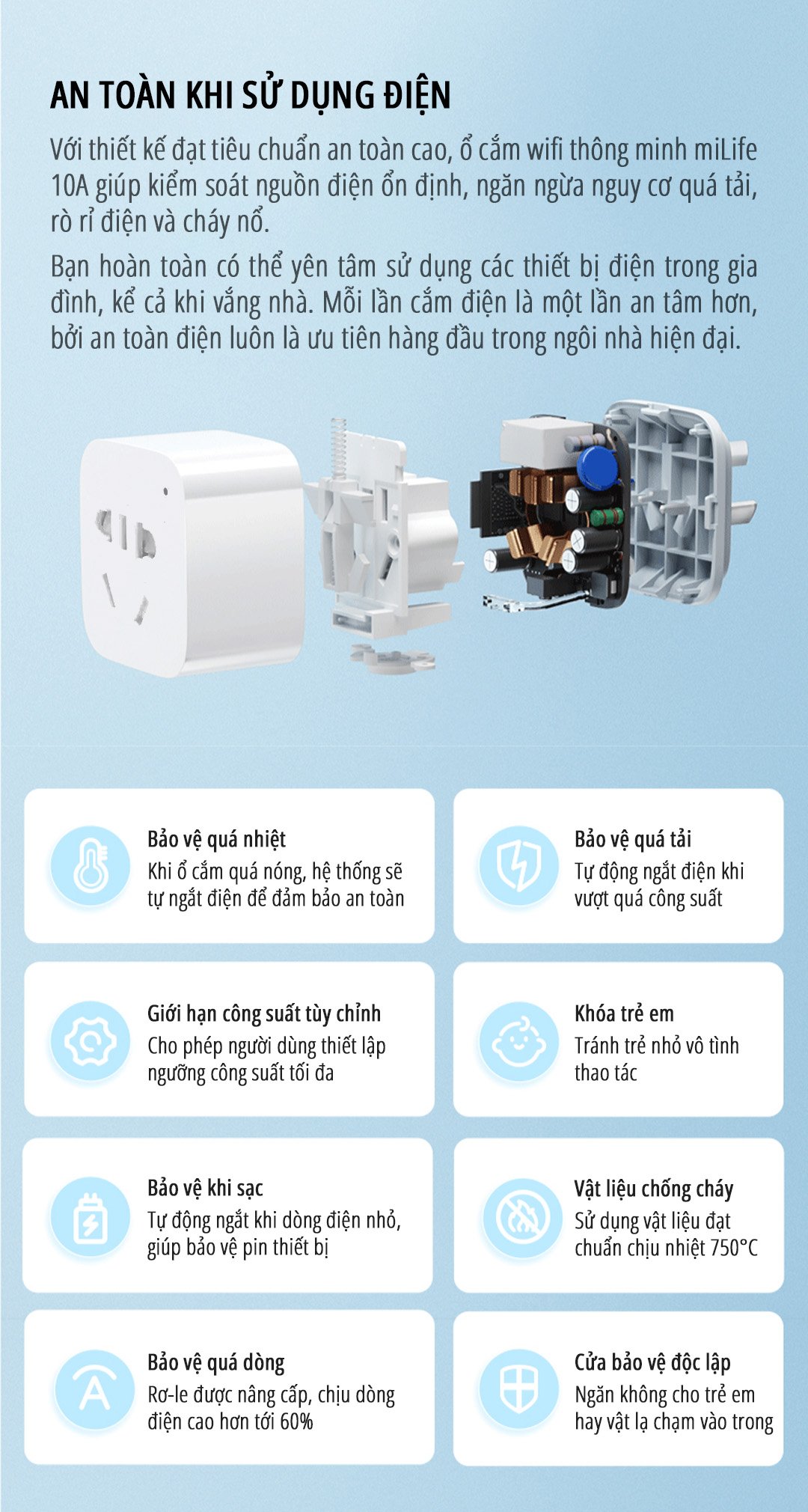 Ổ cắm thông minh miLife 10A an toàn sử dụng