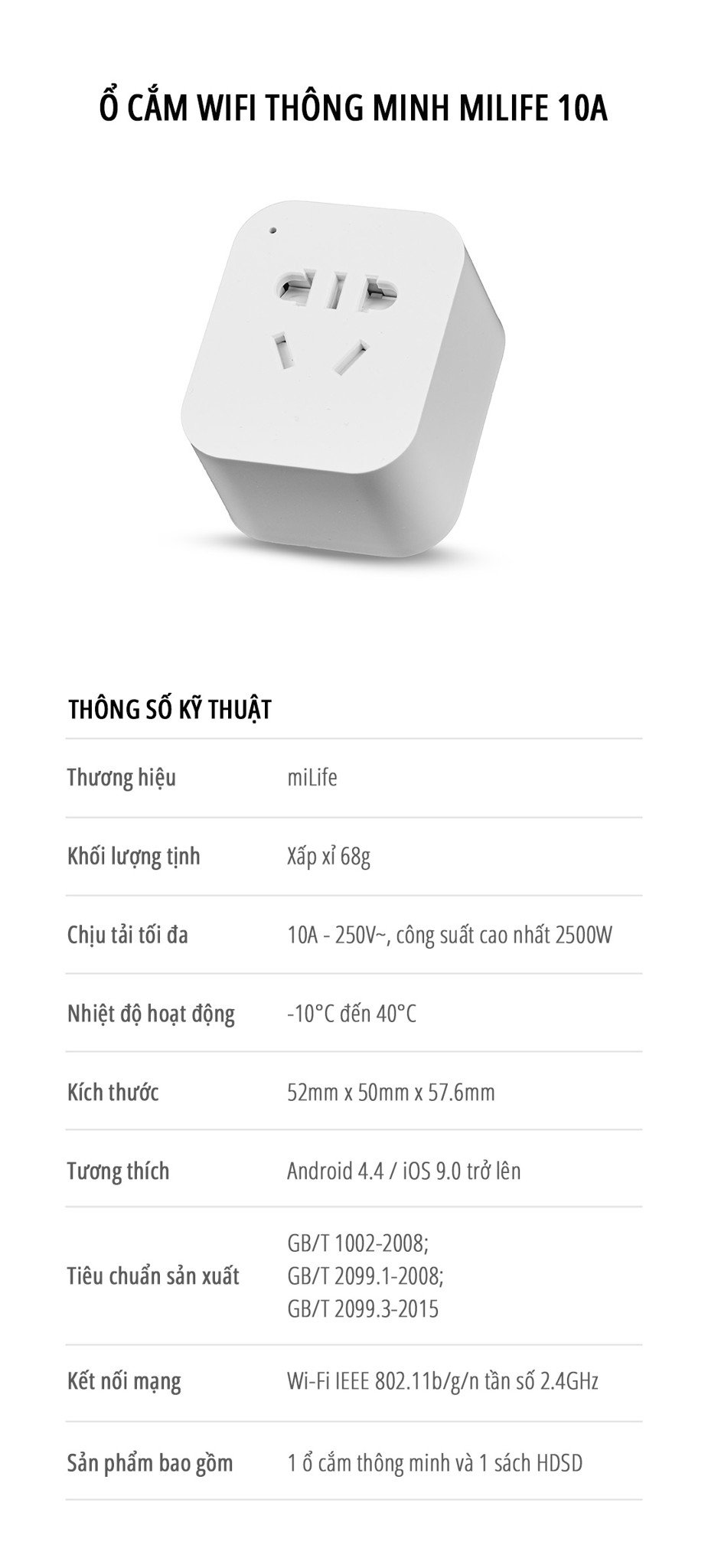Ổ cắm thông minh miLife 10A thông số kỹ thuật