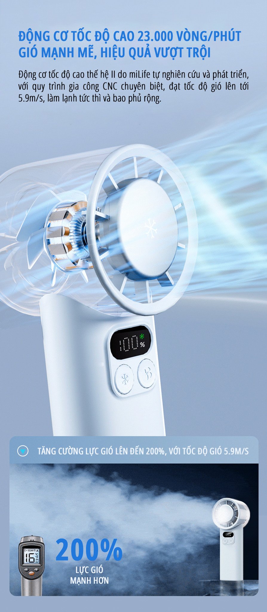 Quạt cầm tay băng lạnh miLife F2P động cơ tốc độ cao