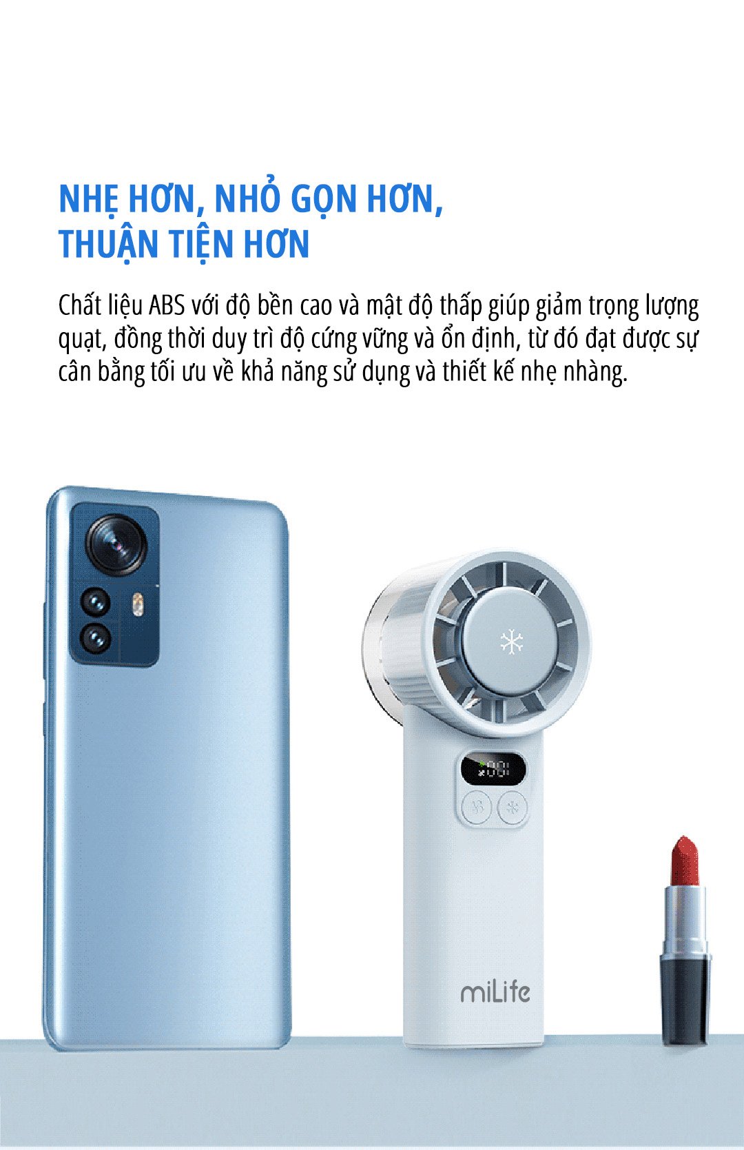Quạt cầm tay băng lạnh miLife F2P nhẹ và nhỏ gọn hơn