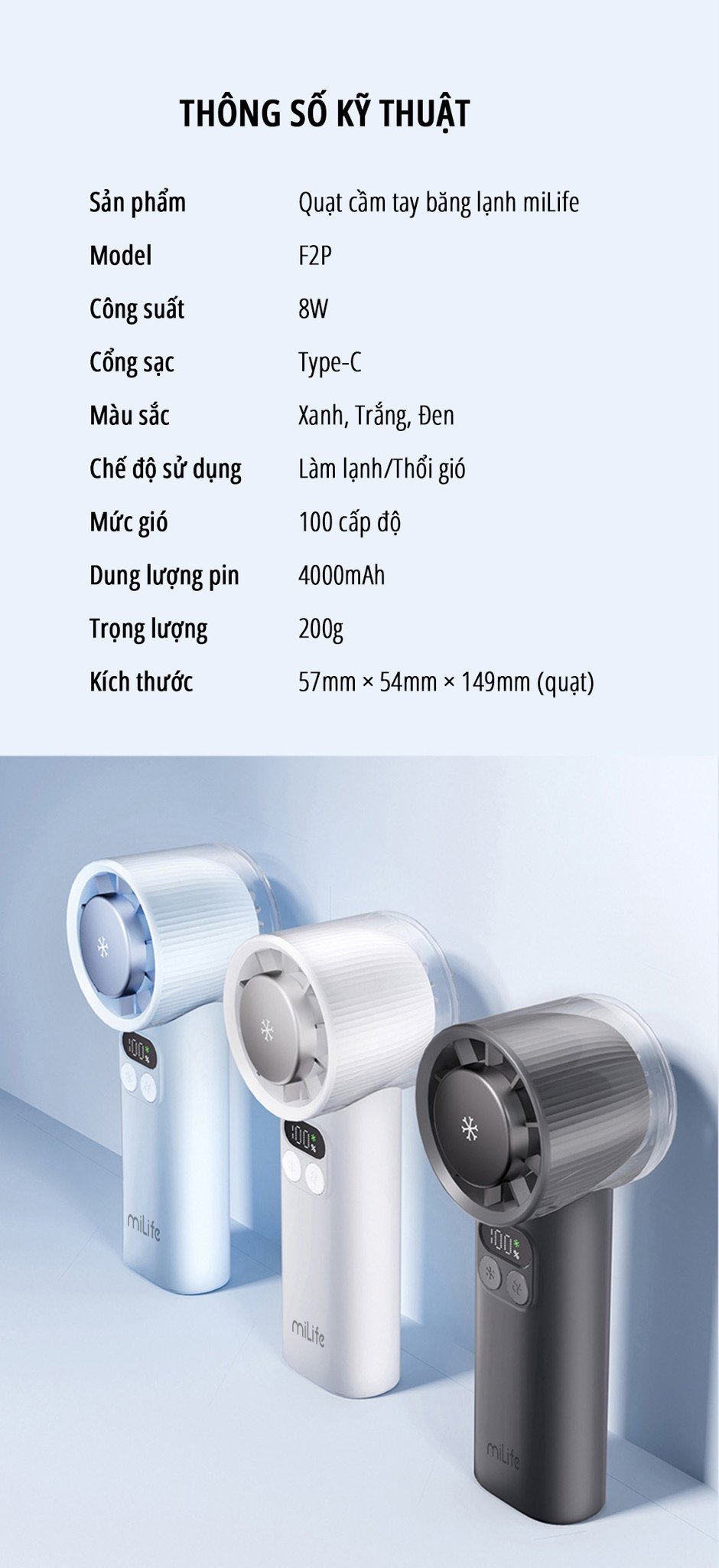 Quạt cầm tay băng lạnh miLife F2P thông số kỹ thuật