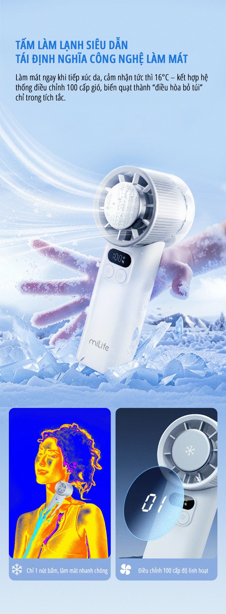 Quạt cầm tay băng lạnh miLife F2P tấm làm lạnh siêu dẫn