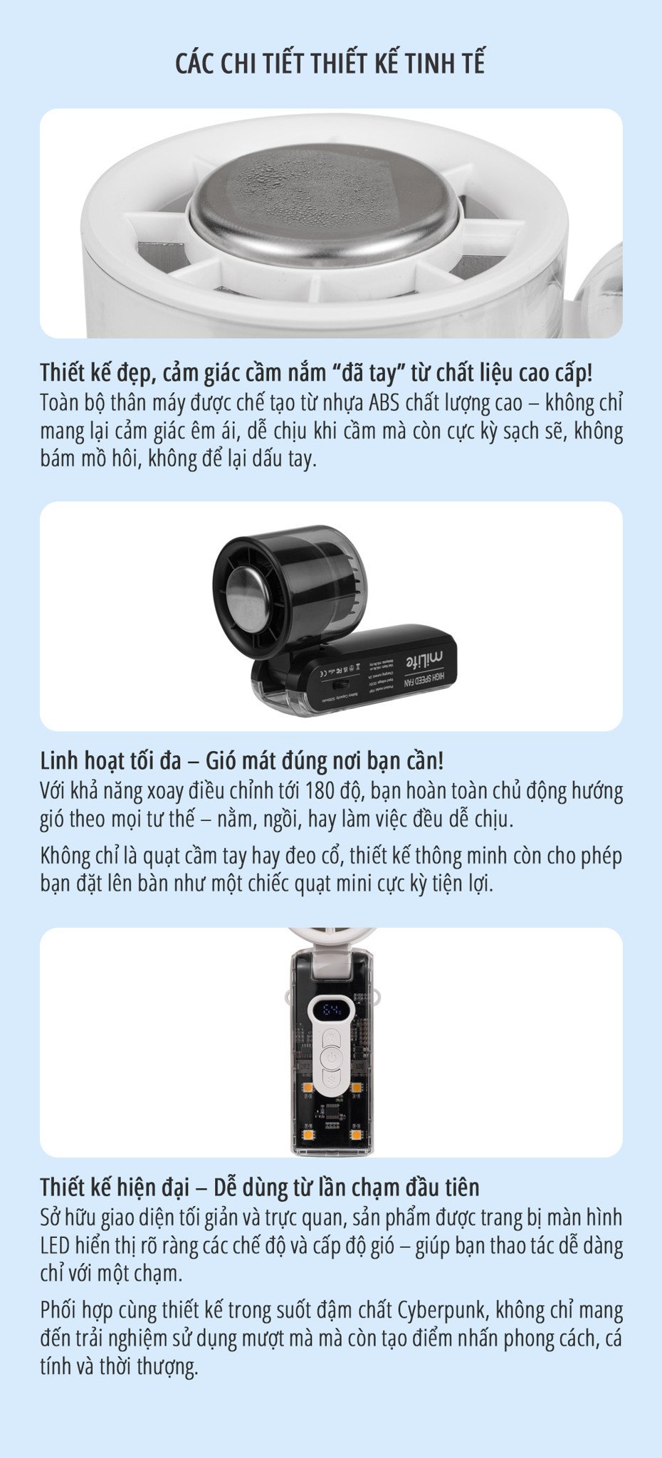 Quạt cầm tay băng lạnh miLife F9P chi tiết thiết kế tinh tế