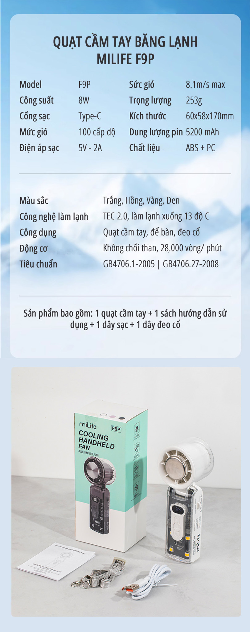 Quạt cầm tay băng lạnh miLife F9P - Chính hãng Quạt cầm tay băng lạnh miLife F9P thông số kỹ thuật