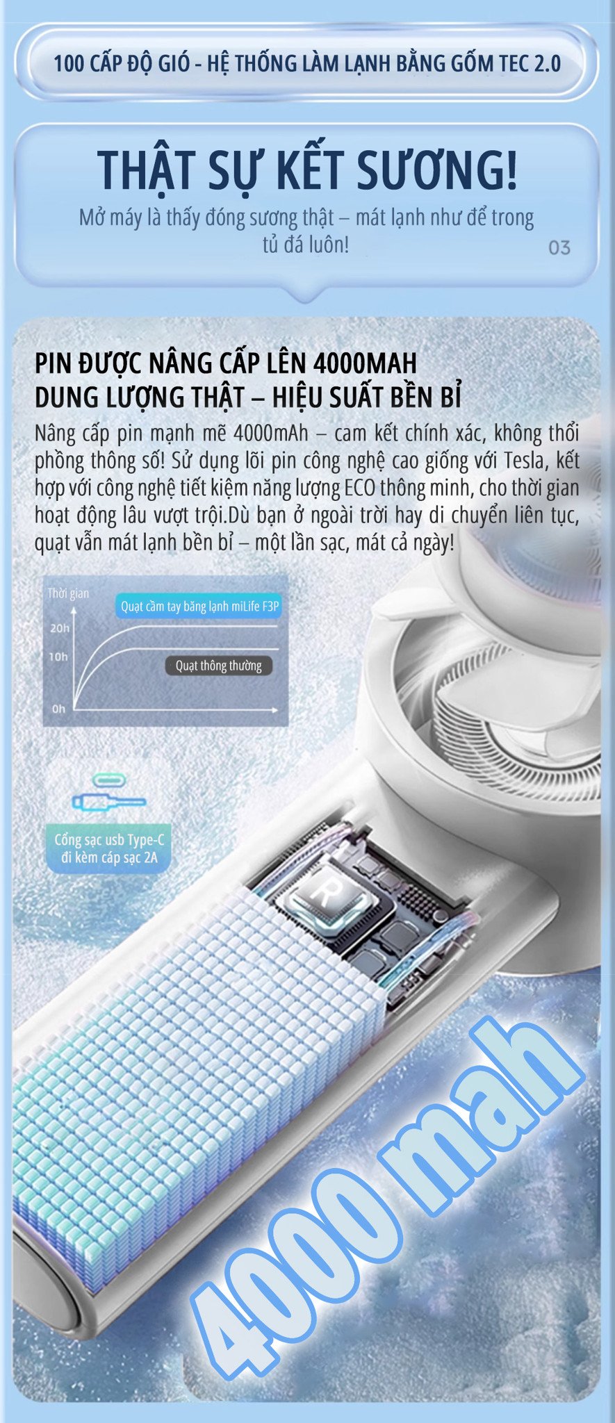 Quạt cầm tay có sò lạnh miLife F3P pin bền bỉ