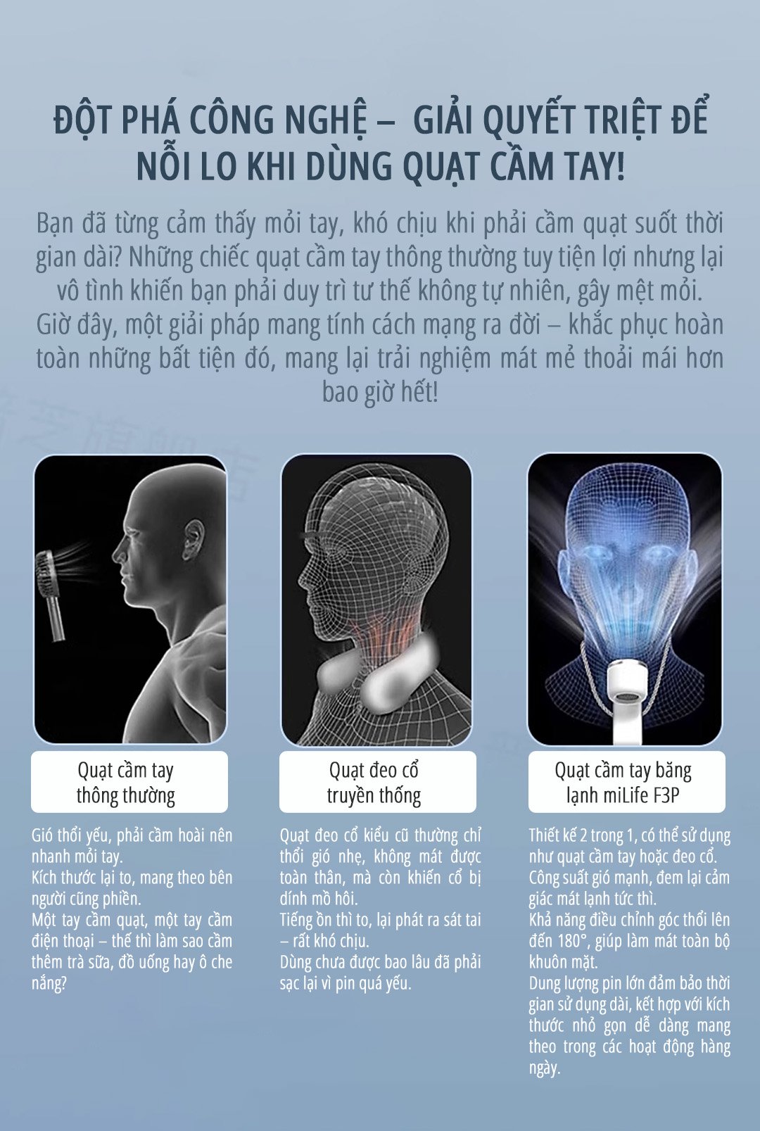 Quạt cầm tay có sò lạnh miLife F3P động nghệ đột phá