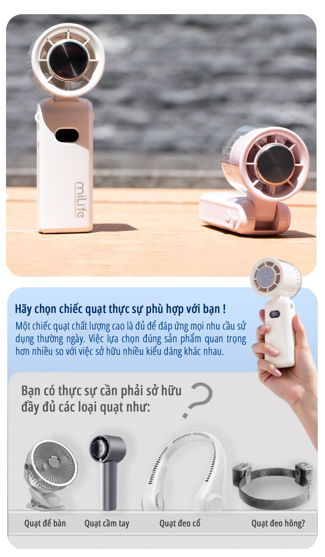 Quạt cầm tay có sò lạnh miLife F3P ứng dụng đa dạng