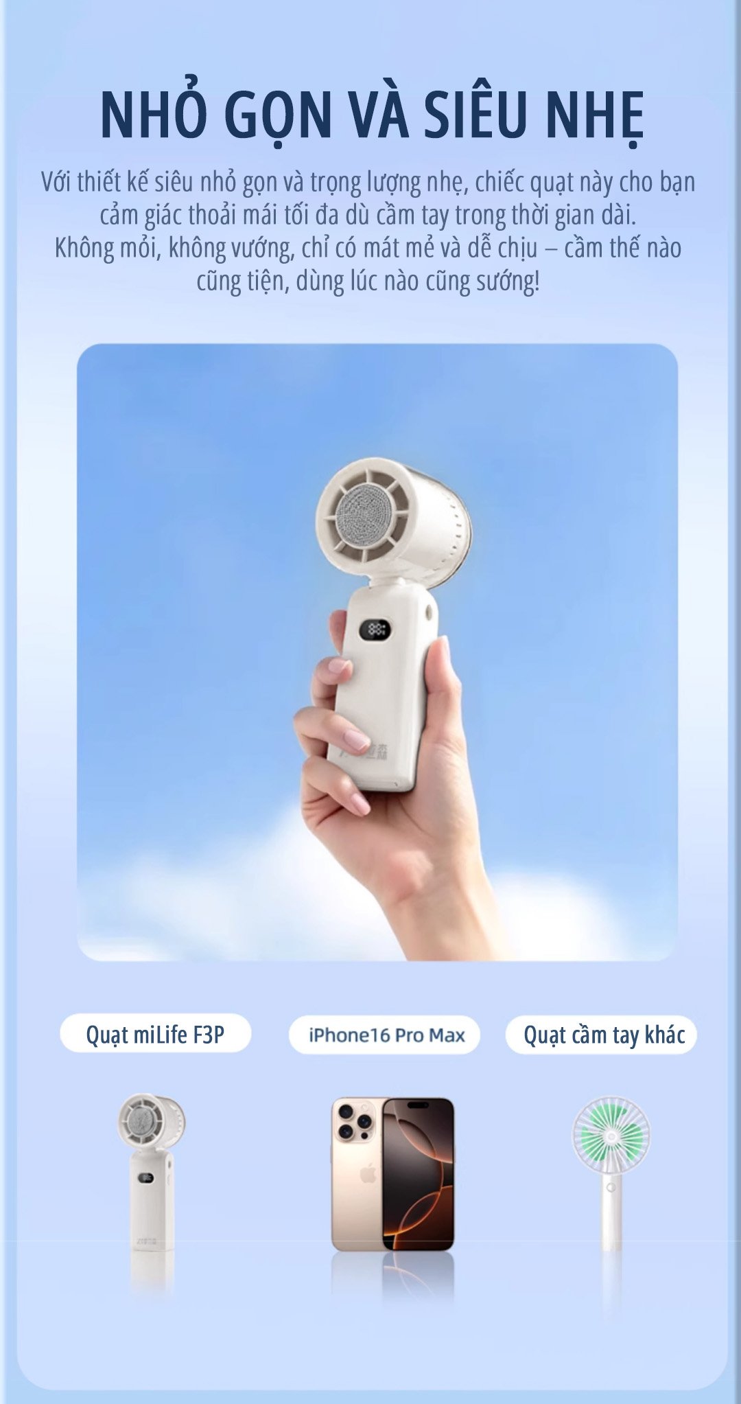 Quạt cầm tay có sò lạnh miLife F3P gọn nhẹ