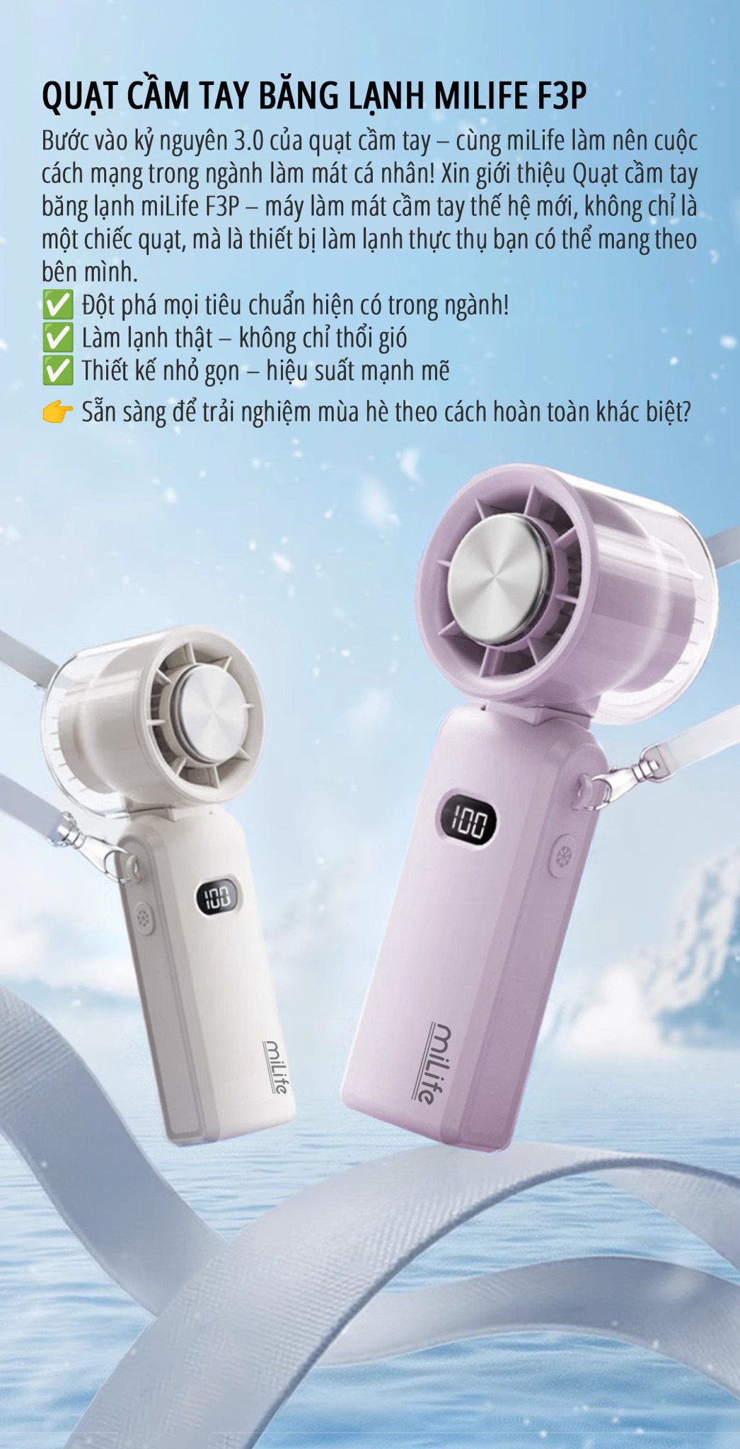 Quạt cầm tay có sò lạnh miLife F3P nhỏ gọn siêu nhẹ