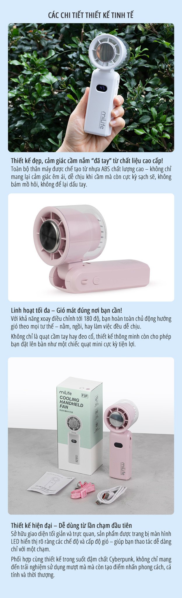 Quạt cầm tay có sò lạnh miLife F3P chi tiết tinh tế