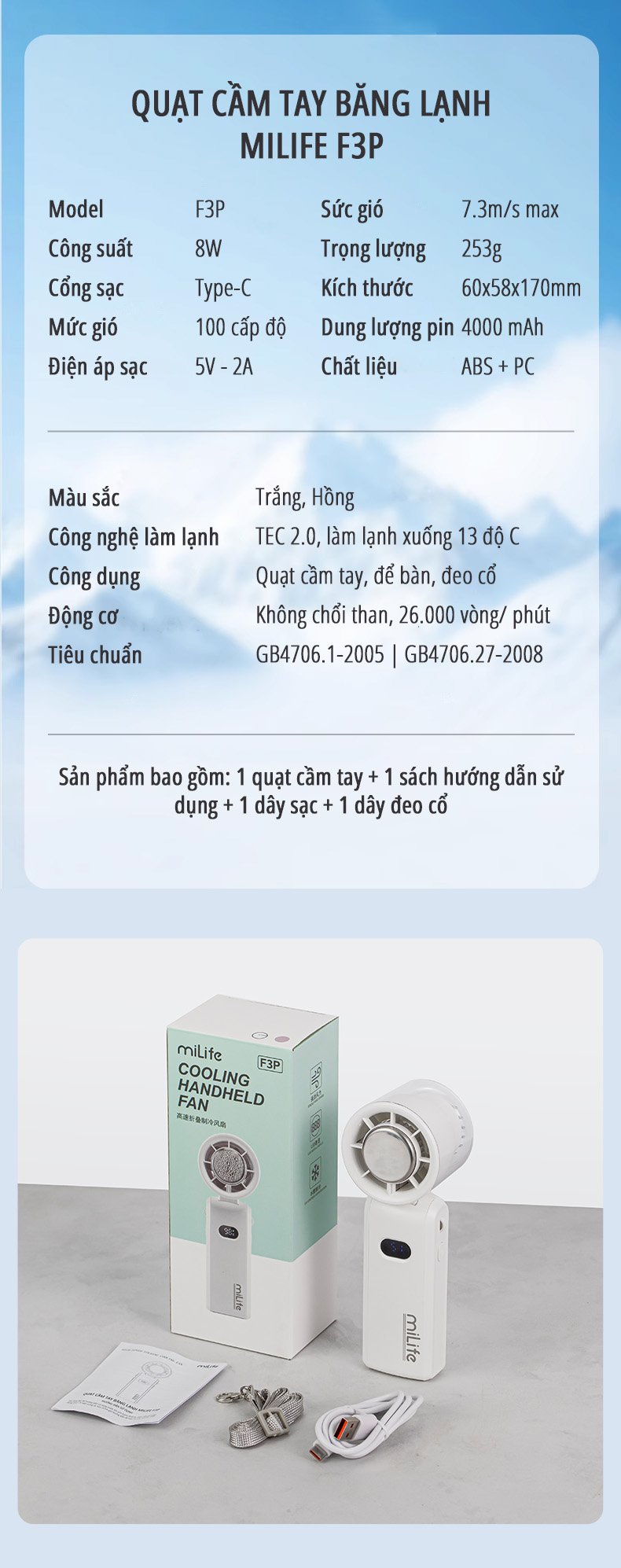 Quạt cầm tay có sò lạnh miLife F3P thông số kỹ thuật