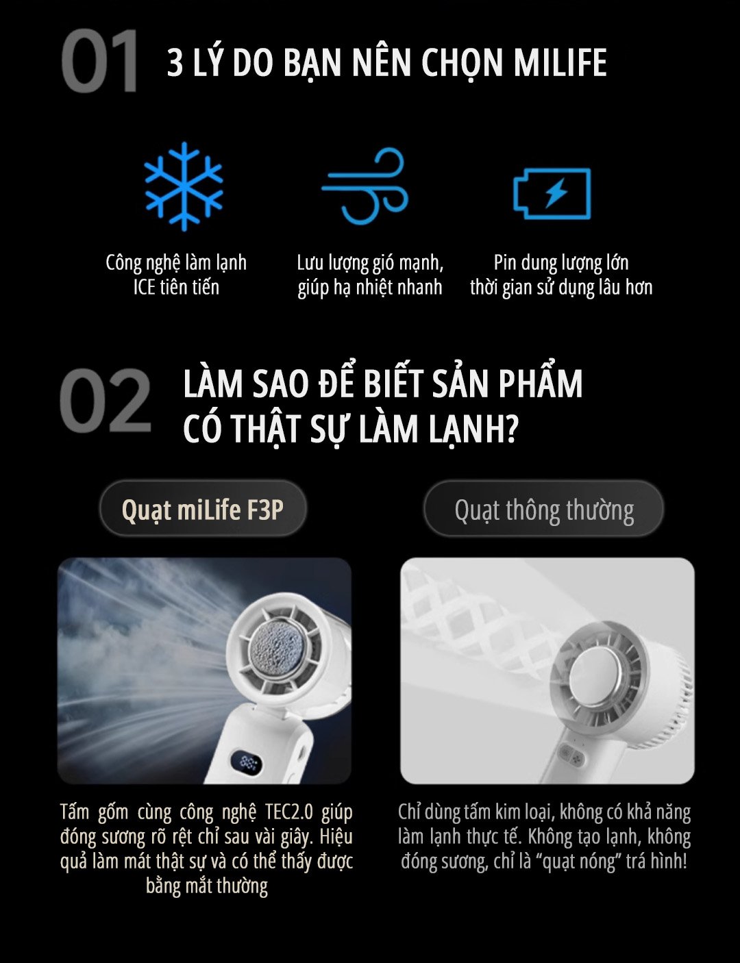 Quạt cầm tay có sò lạnh miLife F3P ưu điểm
