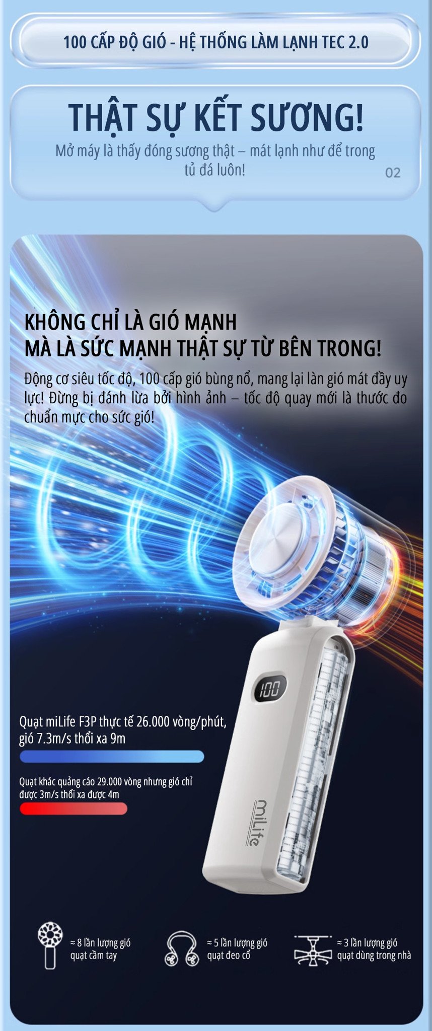 Quạt cầm tay có sò lạnh miLife F3P động cơ siêu tốc