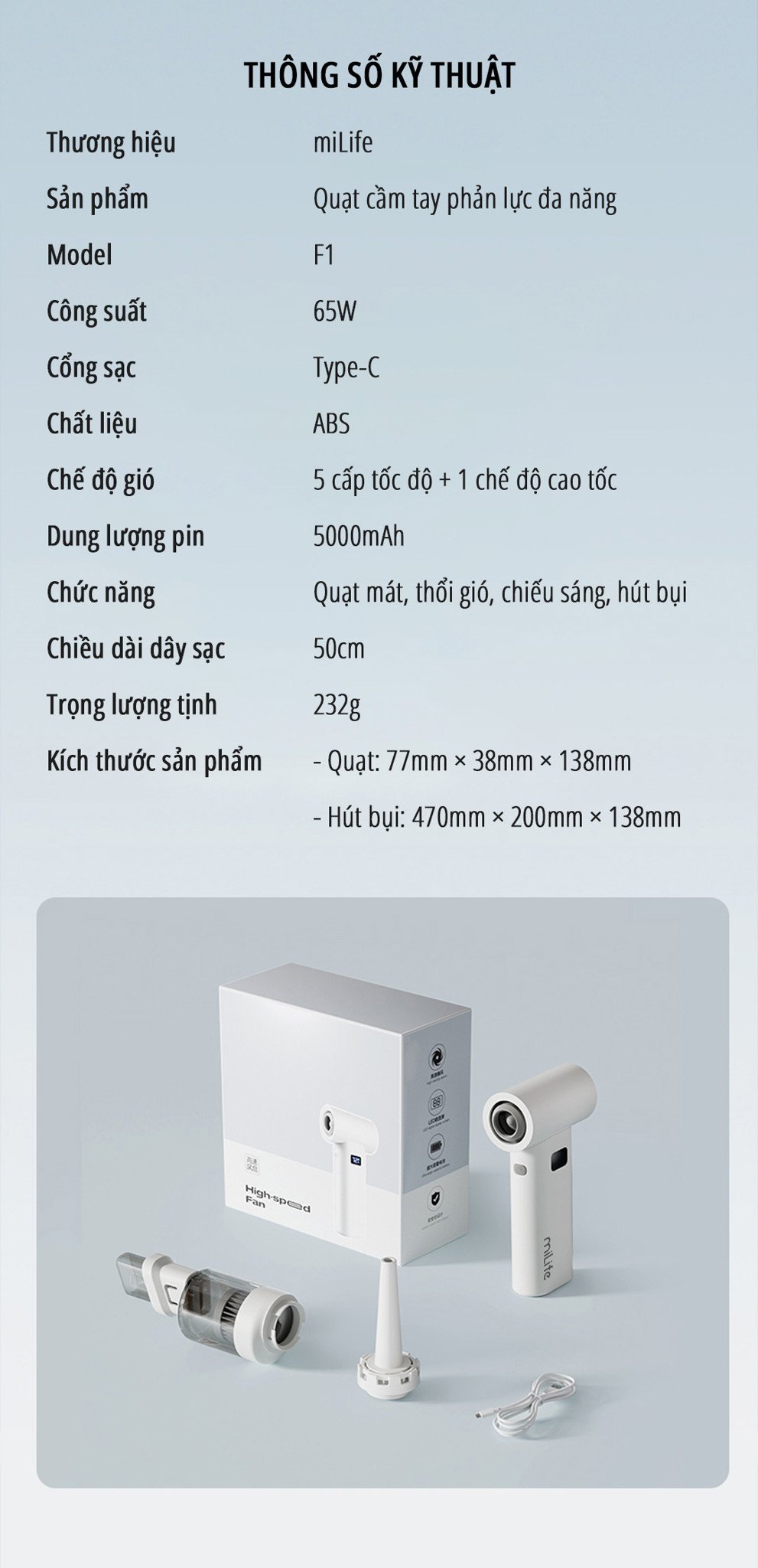 Quạt cầm tay phản lực miLife F1 thông số kỹ thuật