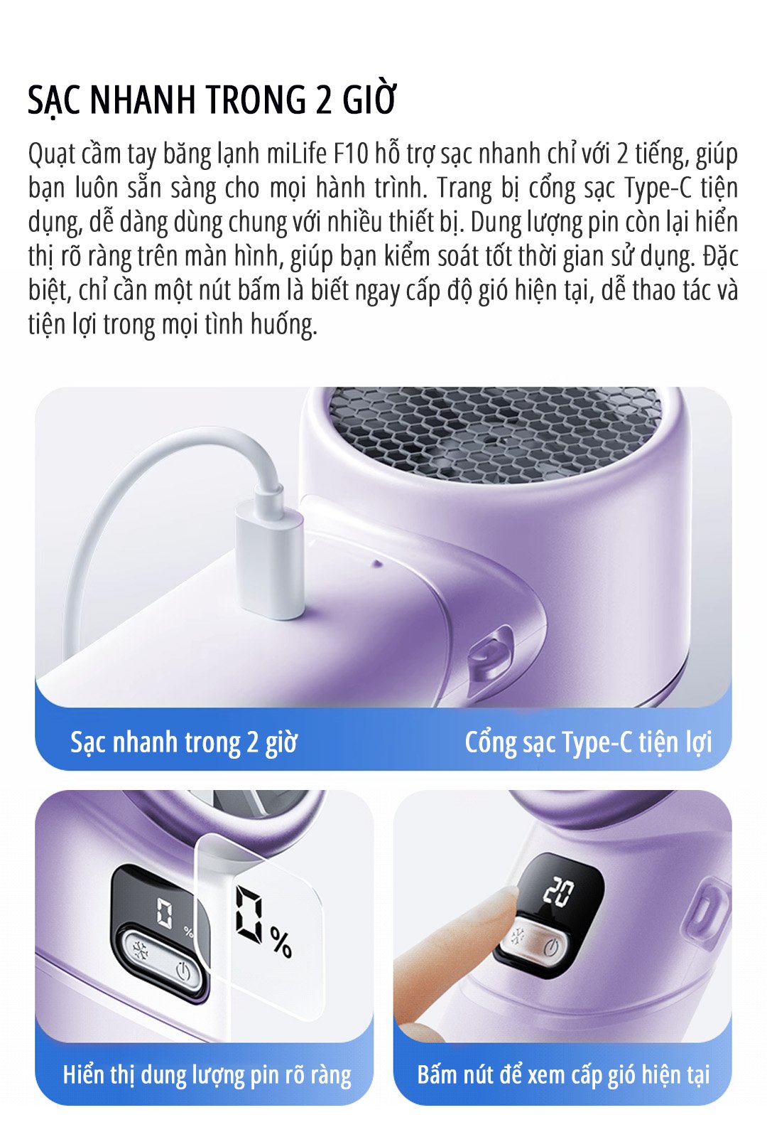 Quạt cầm tay tích điện miLife F10 sạc nhanh trong 2 giờ