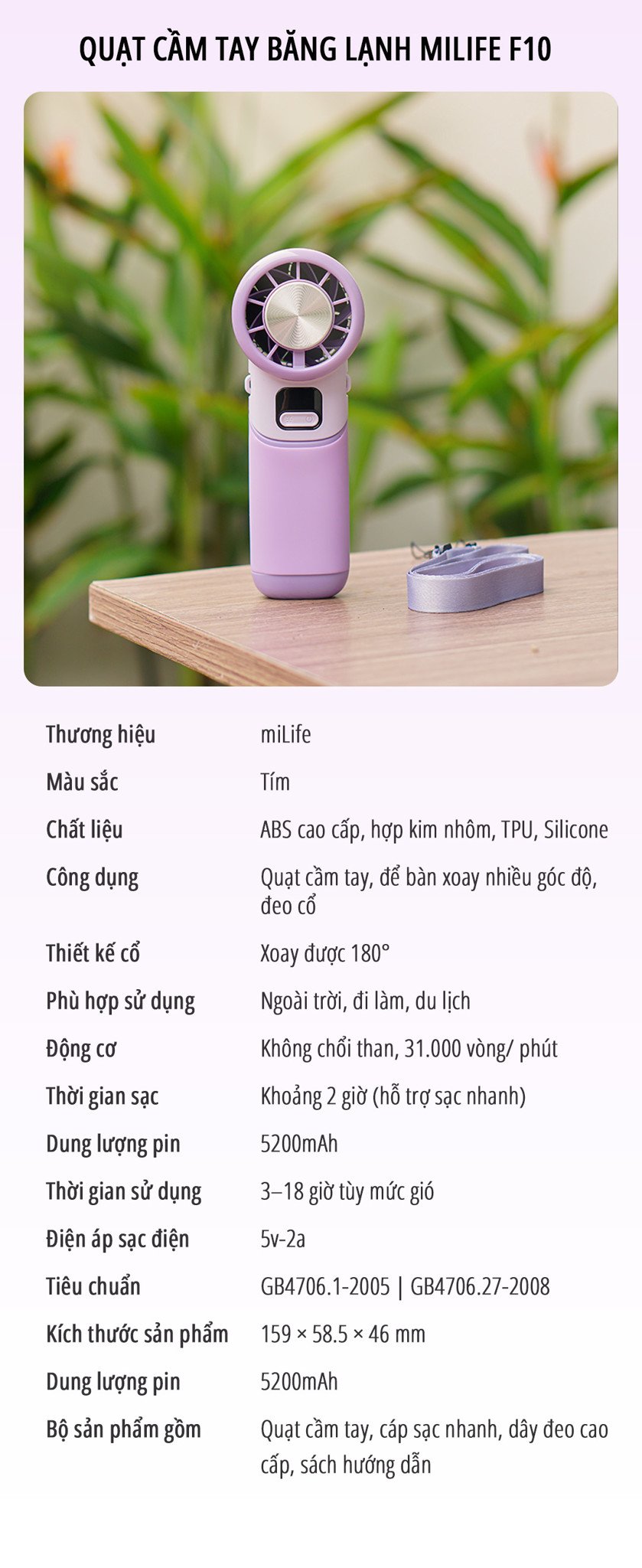 Quạt cầm tay tích điện miLife F10 thông số kỹ thuật