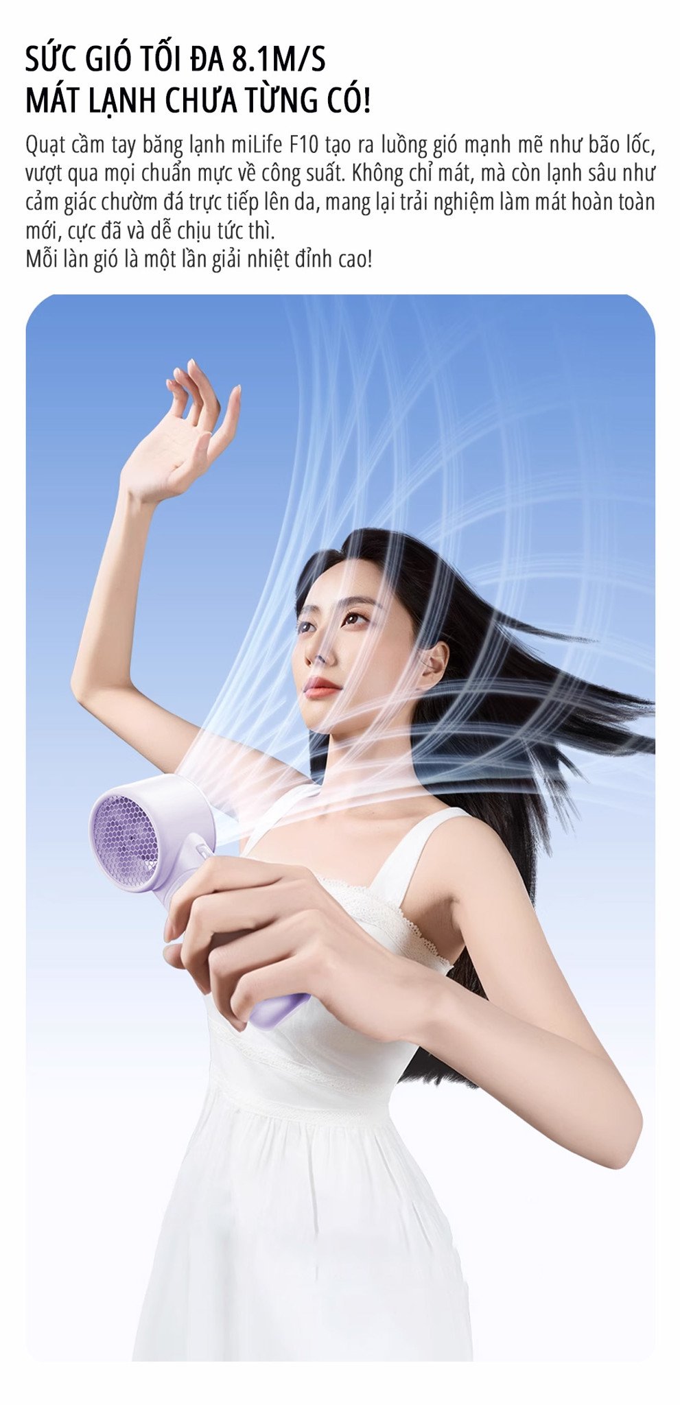 Quạt cầm tay tích điện miLife F10 sức gió tối đa
