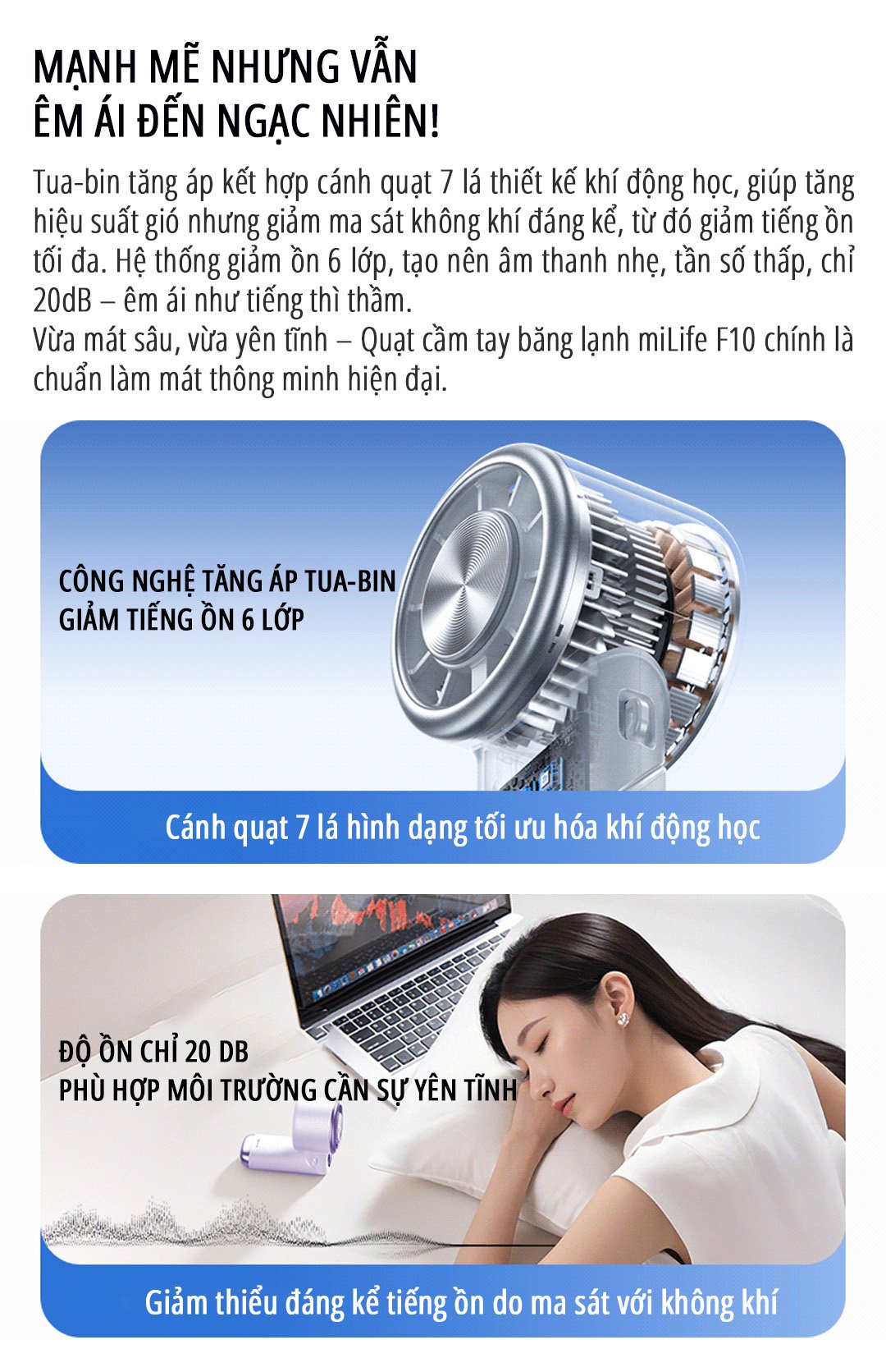 Quạt cầm tay tích điện miLife F10 vận hành êm ái