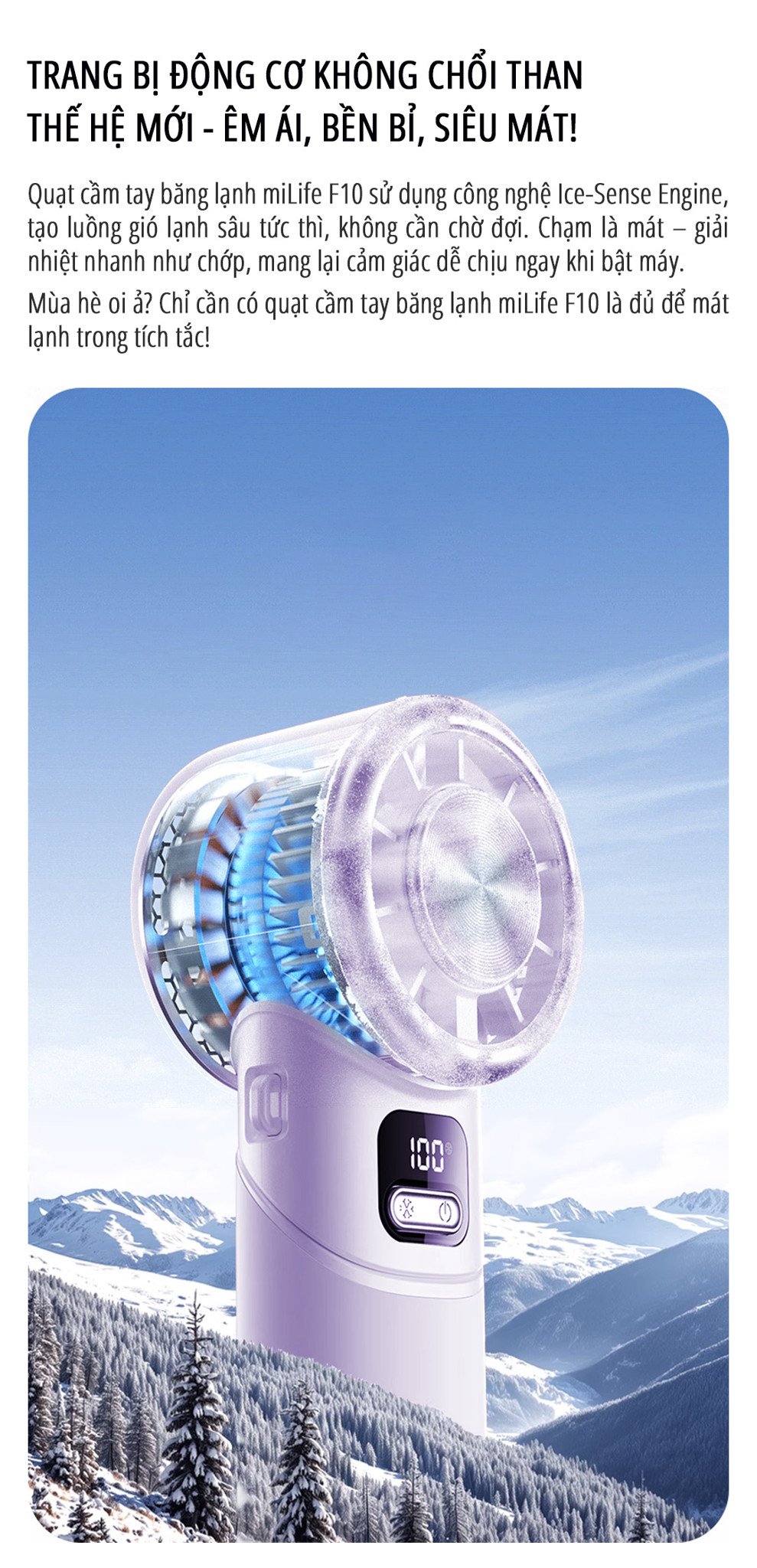 Quạt cầm tay tích điện miLife F10 vận hành êm ái