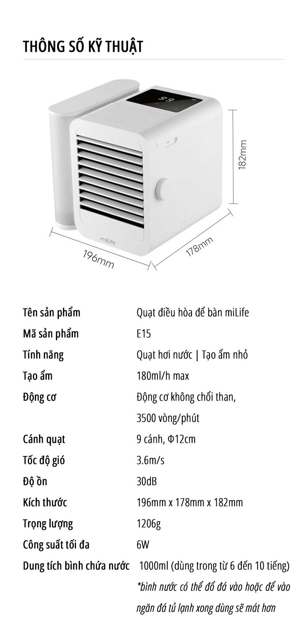 Quạt điều hòa để bàn mini miLife E15 - Chính hãng