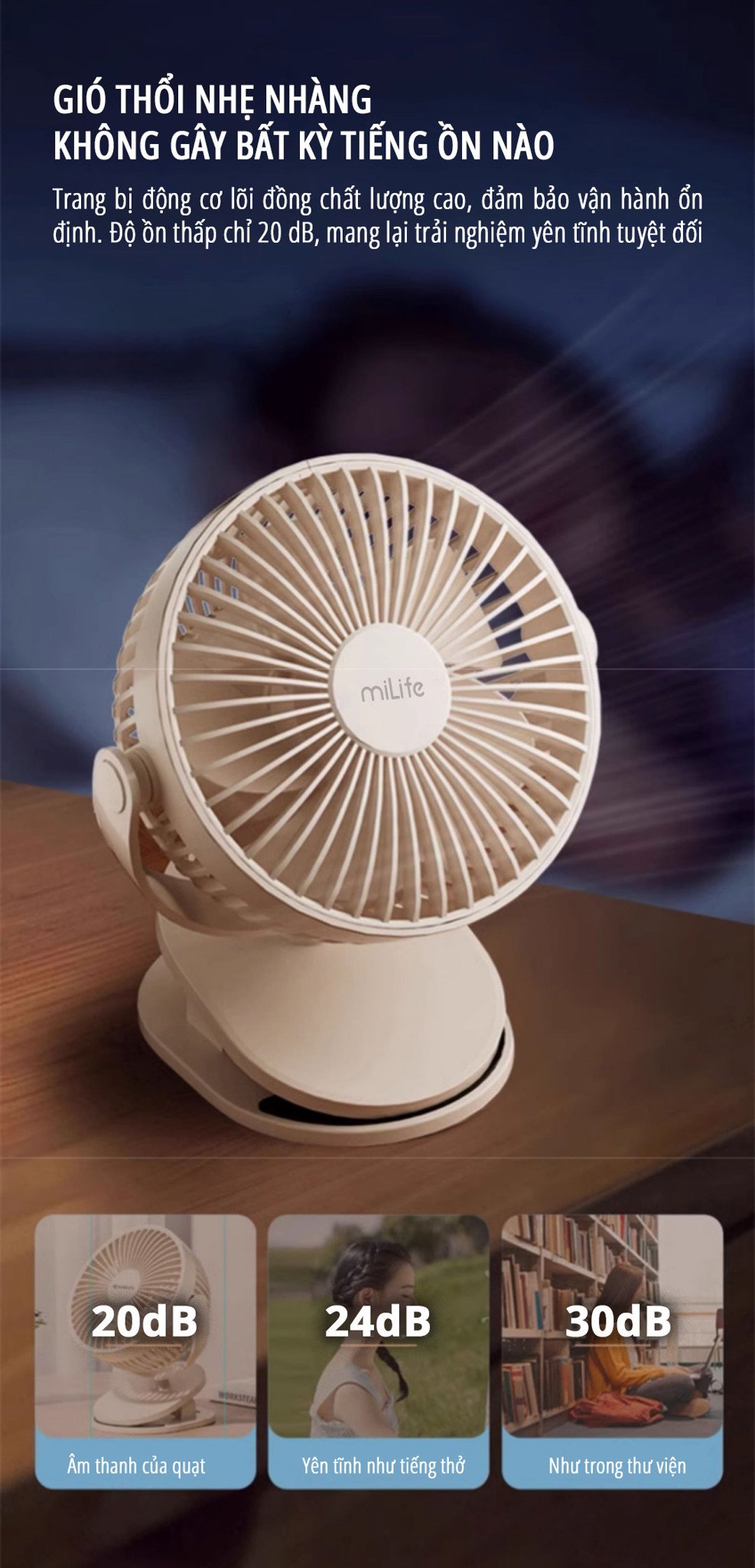 Quạt kẹp tích điện miLife F3A gió thổi nhẹ nhàng