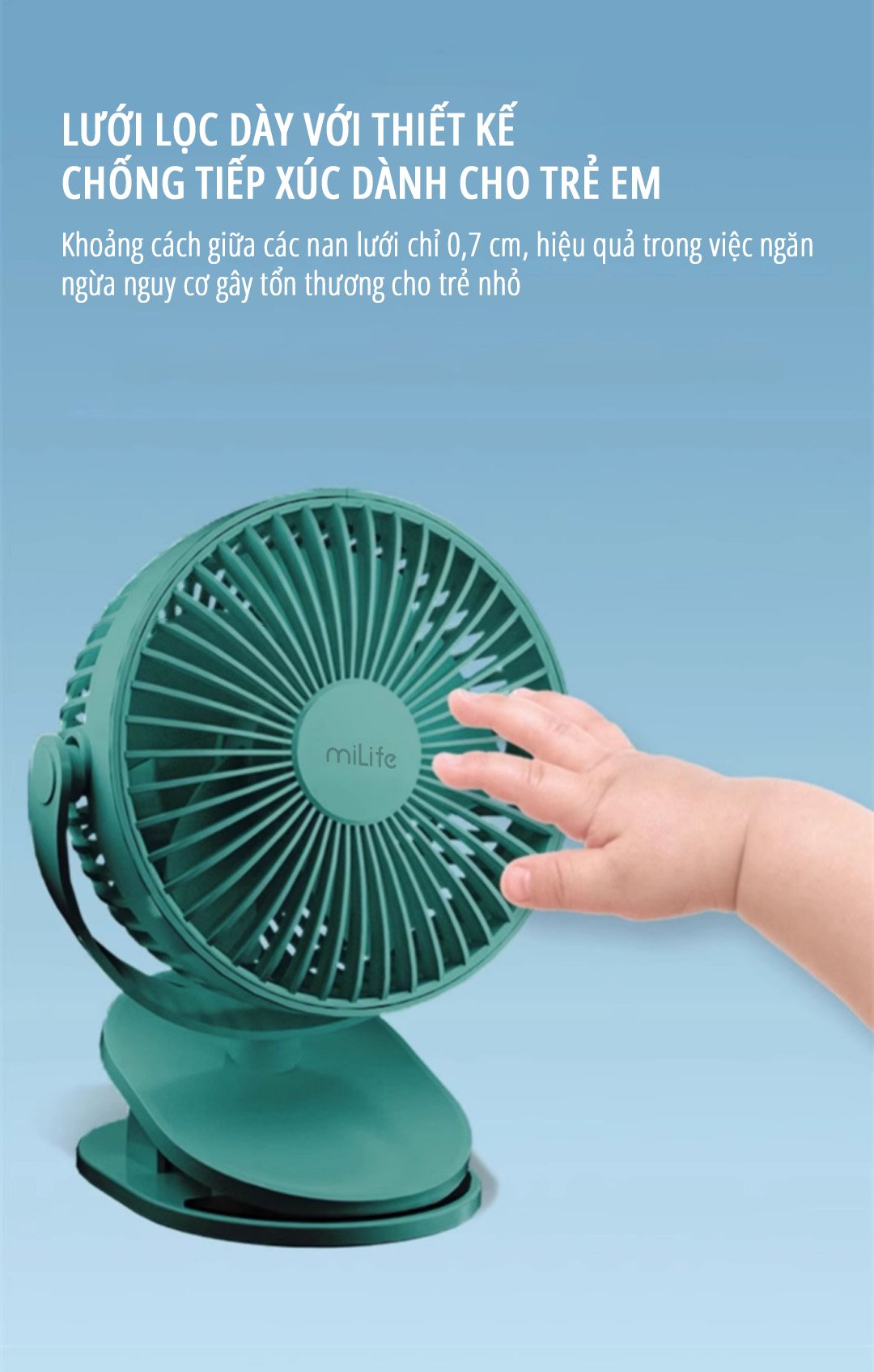 Quạt kẹp tích điện miLife F3A lưới lọc dày